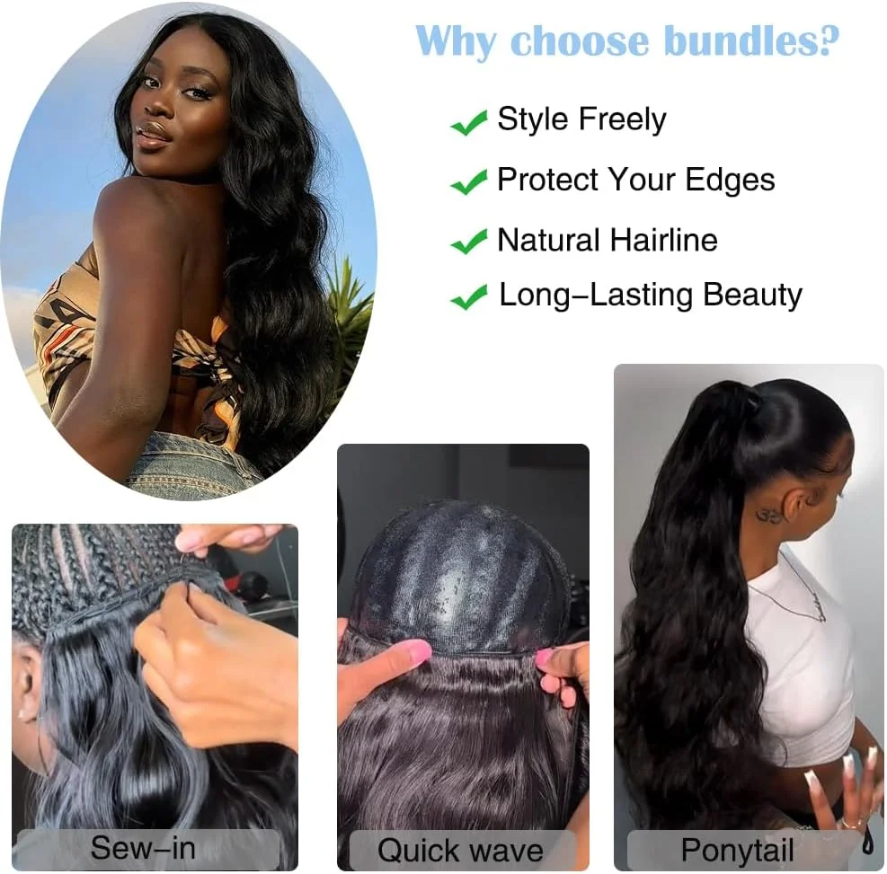 بسته‌های موی طبیعی لمودا، موج دار، 3 عدد 35 سانتی‌متری، اکستنشن موی طبیعی درجه 15A، بافت سریع، موی ریمی، مشکی طبیعی