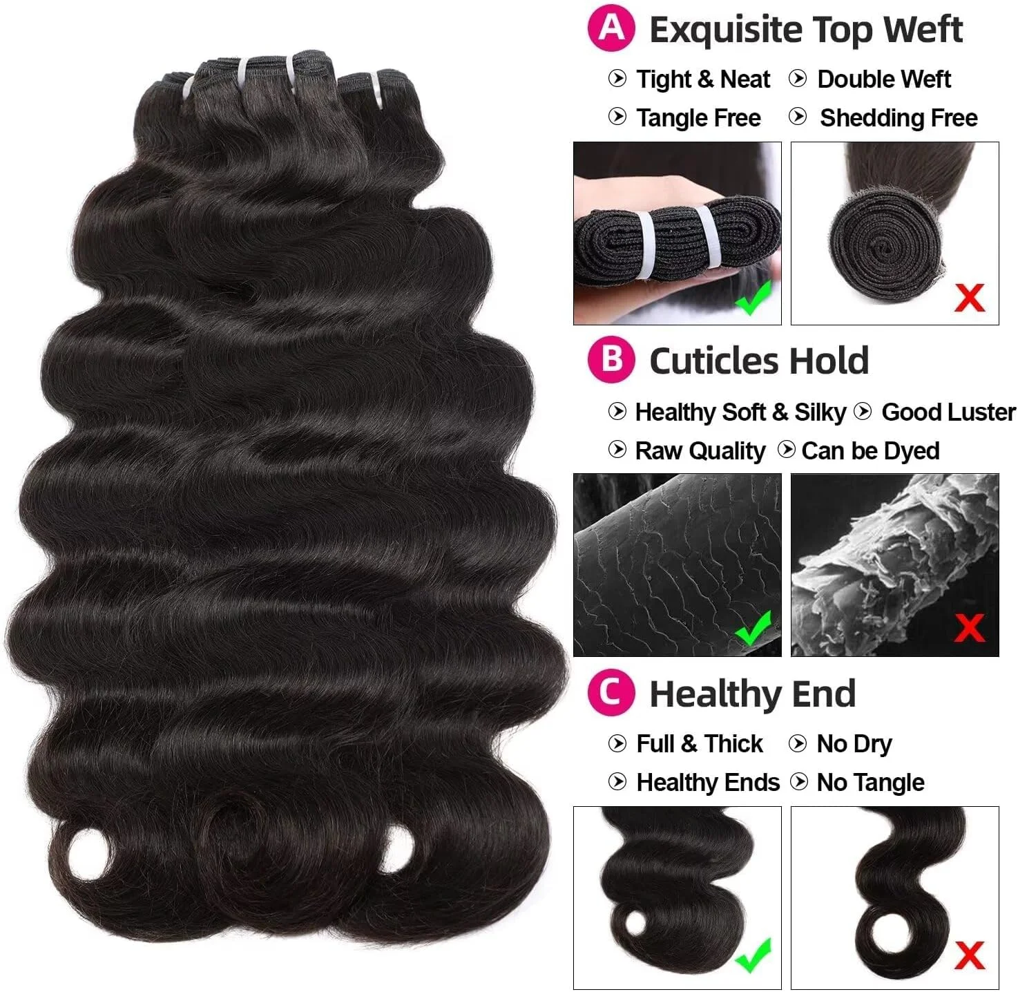 بسته‌های موی طبیعی لمودا، موج دار، 3 عدد 35 سانتی‌متری، اکستنشن موی طبیعی درجه 15A، بافت سریع، موی ریمی، مشکی طبیعی