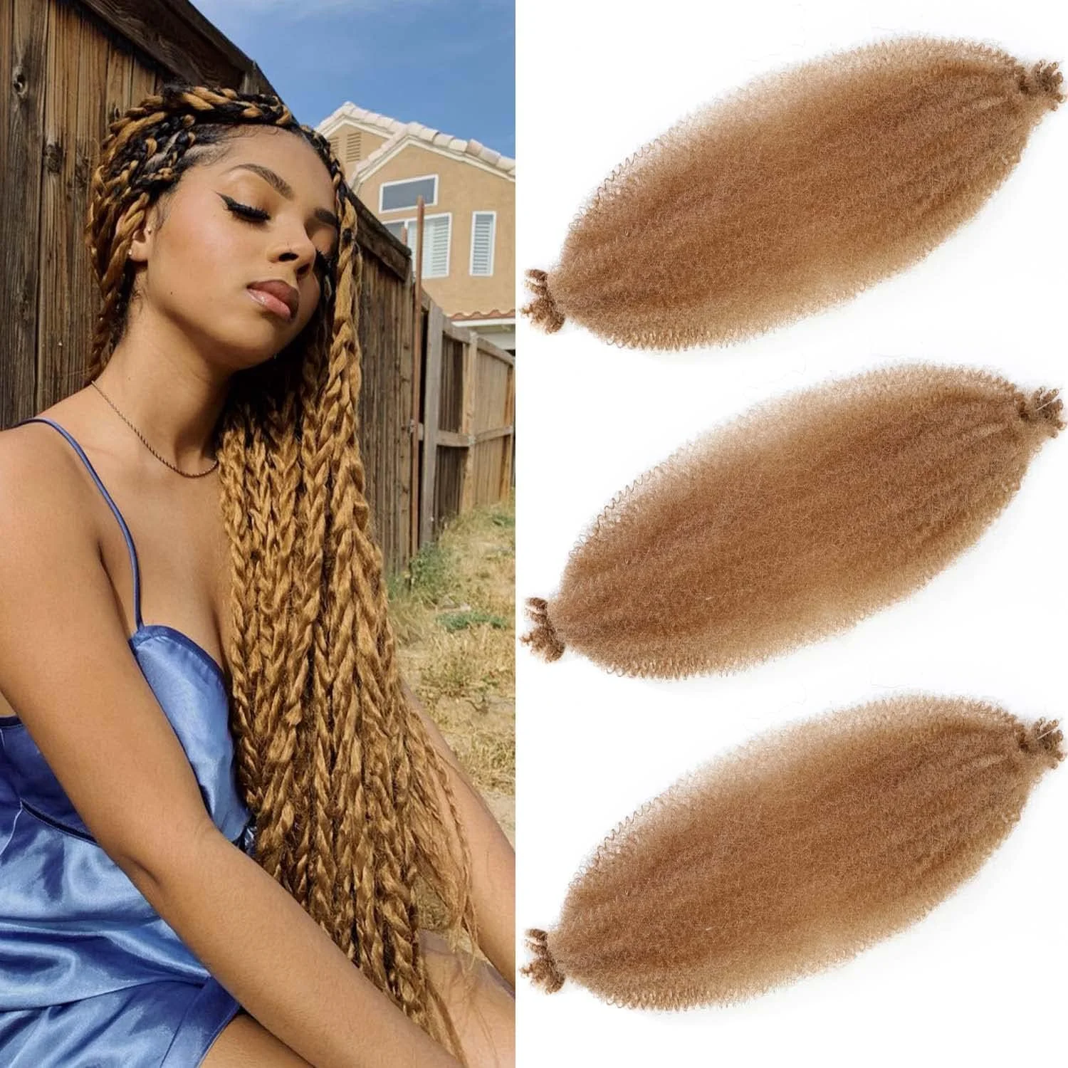 موهای بافت آفریقایی فنری از پیش جدا شده Lianlian، سایز 24 اینچ، 3 بسته، مناسب برای بافت مارلی، رنگ بلوند عسلی، اکستنشن موی مارلی از پیش پف داده شده، شماره 27