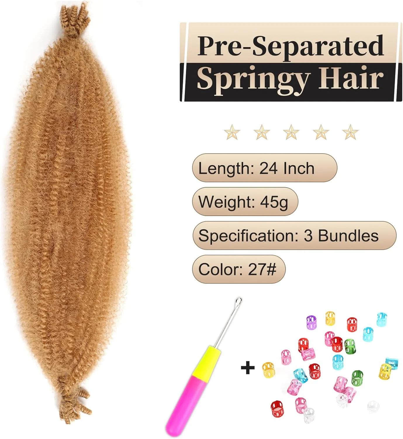 موهای بافت آفریقایی فنری از پیش جدا شده Lianlian، سایز 24 اینچ، 3 بسته، مناسب برای بافت مارلی، رنگ بلوند عسلی، اکستنشن موی مارلی از پیش پف داده شده، شماره 27