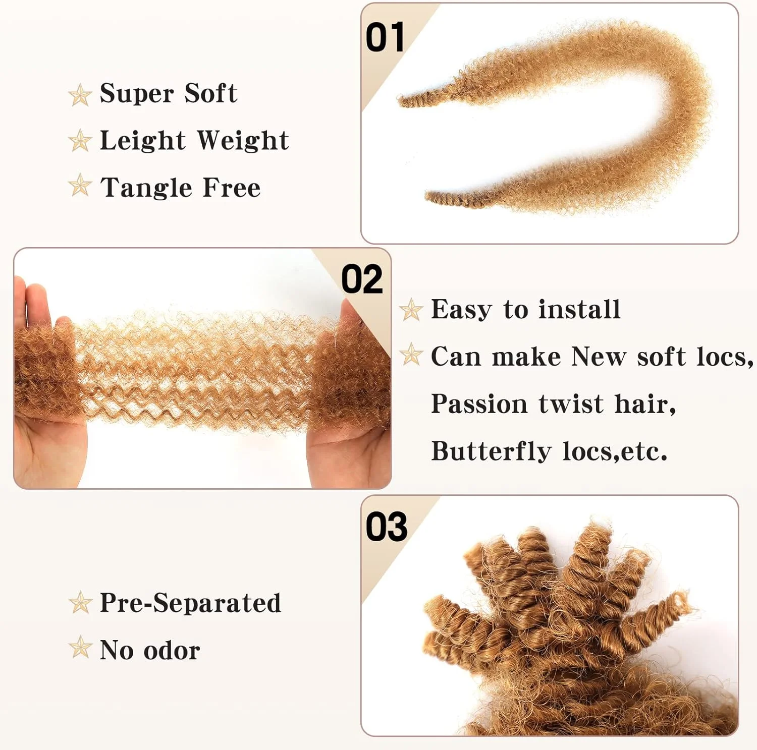 موهای بافت آفریقایی فنری از پیش جدا شده Lianlian، سایز 24 اینچ، 3 بسته، مناسب برای بافت مارلی، رنگ بلوند عسلی، اکستنشن موی مارلی از پیش پف داده شده، شماره 27