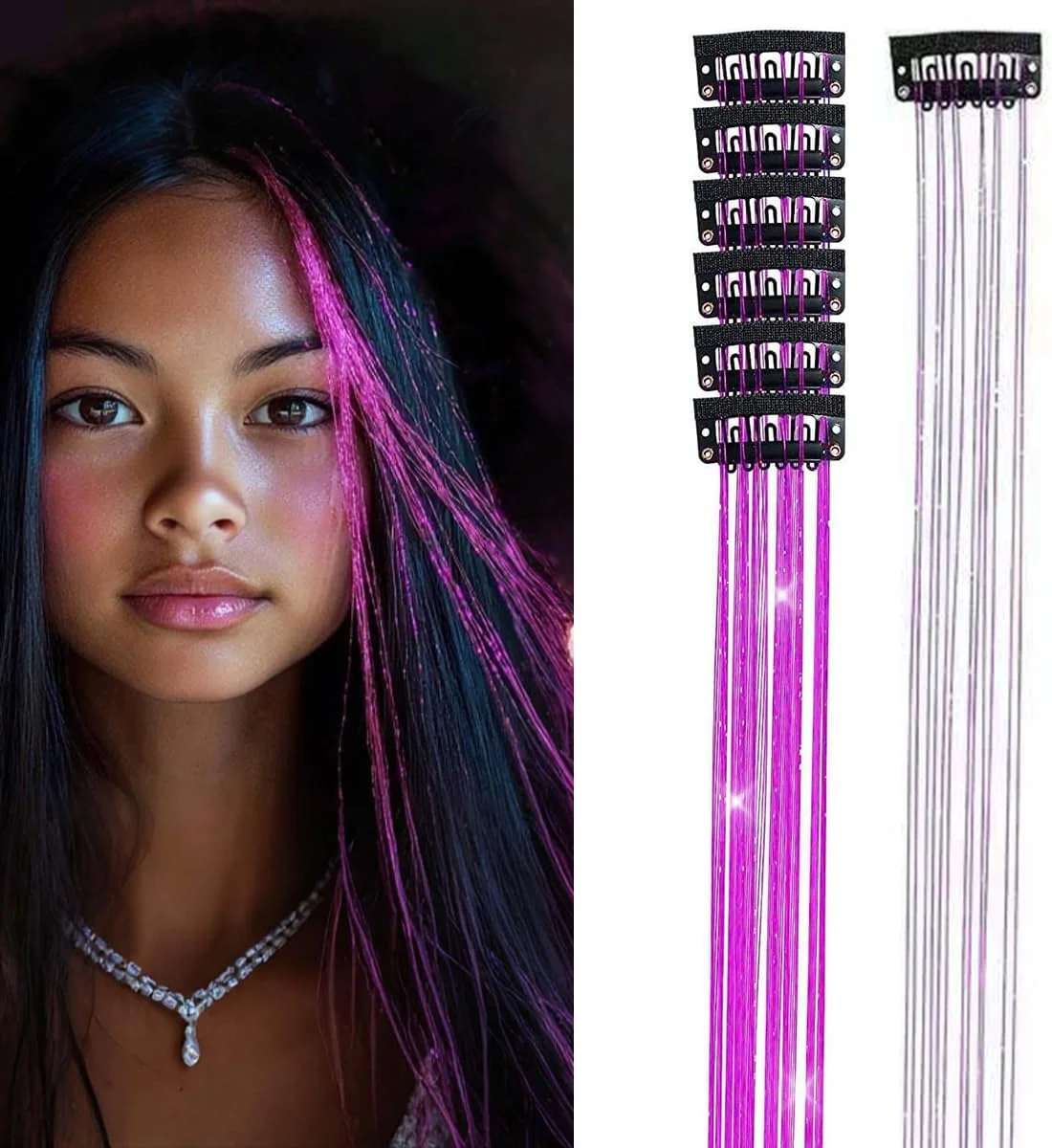 اکستنشن موی براق کلیپسی Luckyaisha بنفش پری، مقاوم در برابر حرارت 21.5 اینچ 6 عدد لوازم جانبی مو برای جشنواره