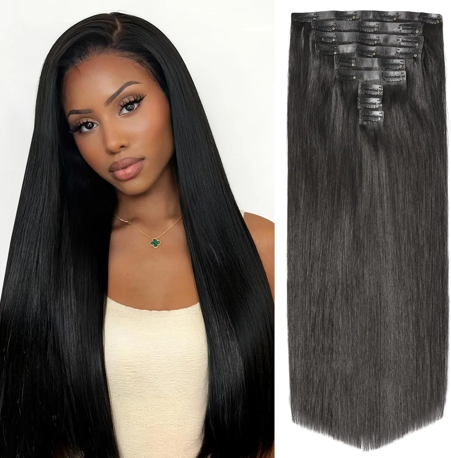 اکستنشن مو گیره ای بدون درز LUVME HAIR، موی طبیعی، پرپشت کننده، یک بسته پوستی PU نامرئی، بافت ابریشمی صاف، اکستنشن گیره ای موی طبیعی واقعی، 7 تکه با 16 گیره، 24 اینچ