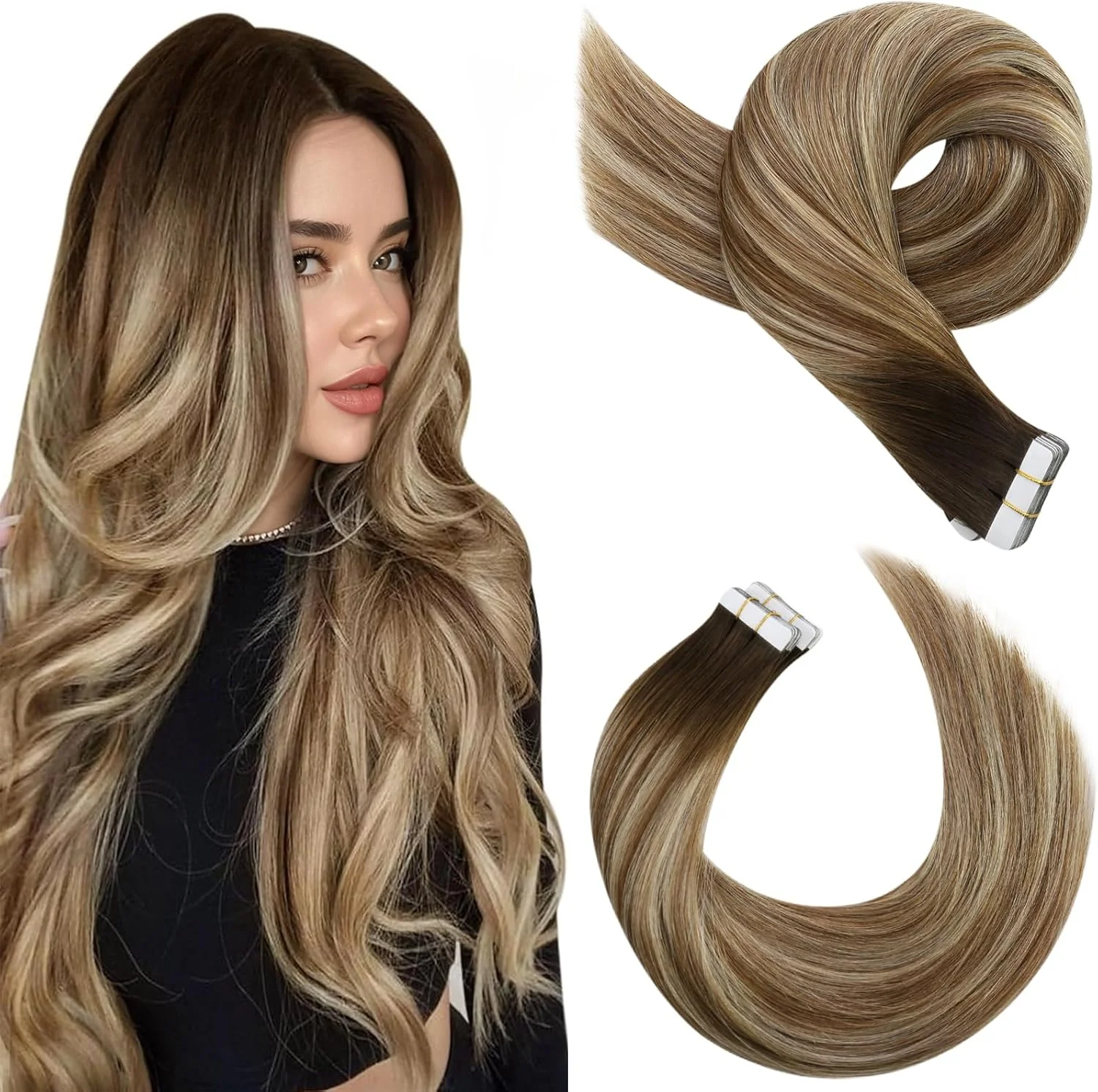 اکستنشن مو چسبی Moresoo بالیاژ موی طبیعی چسبی آمبره قهوه ای تیره به قهوه ای متوسط ترکیب با بلوند موی چسبی موی طبیعی 20 اینچ #4/6/613 20 عدد 50 گرم
