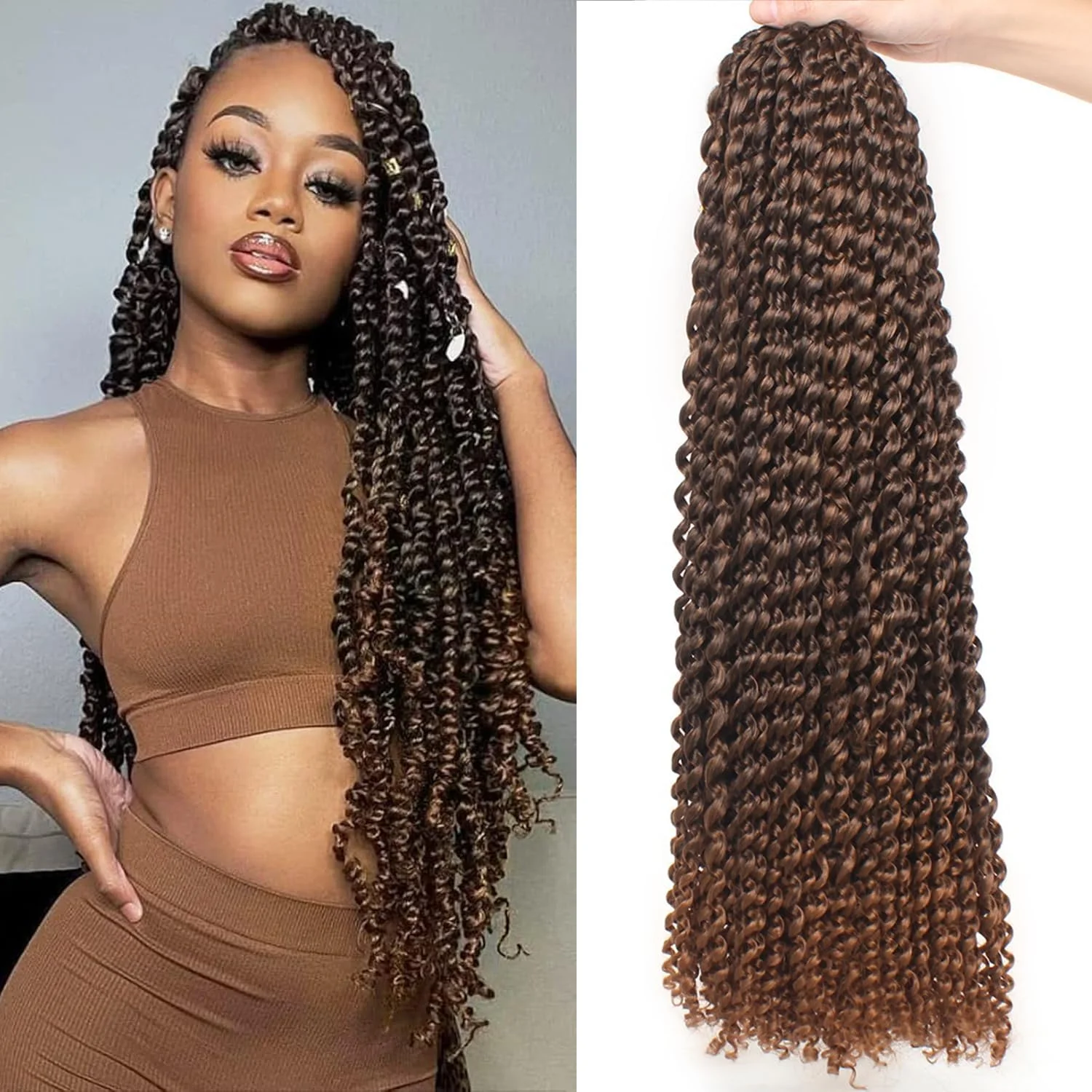 اکستنشن مو بافت مدل Passion Twist Mscat - بافت موی موج دار 24 اینچی - بافت های قهوه ای تیره آمبره - اکستنشن موی مصنوعی بوهمی