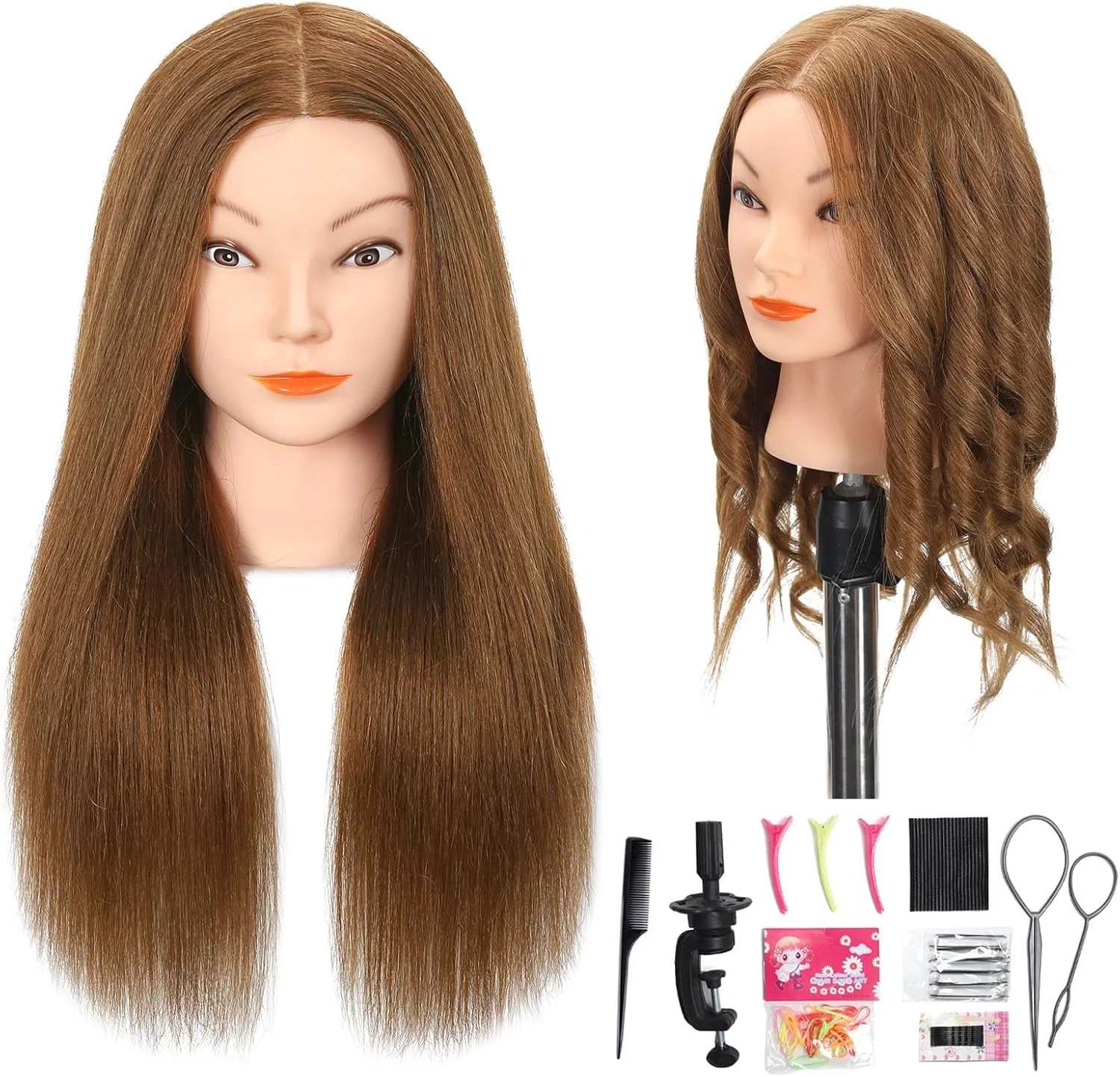کله مانکن اوپینی با موی 100% طبیعی انسان برای تمرین آرایشگری - مدل مو با پایه و ابزار (قهوه ای روشن)