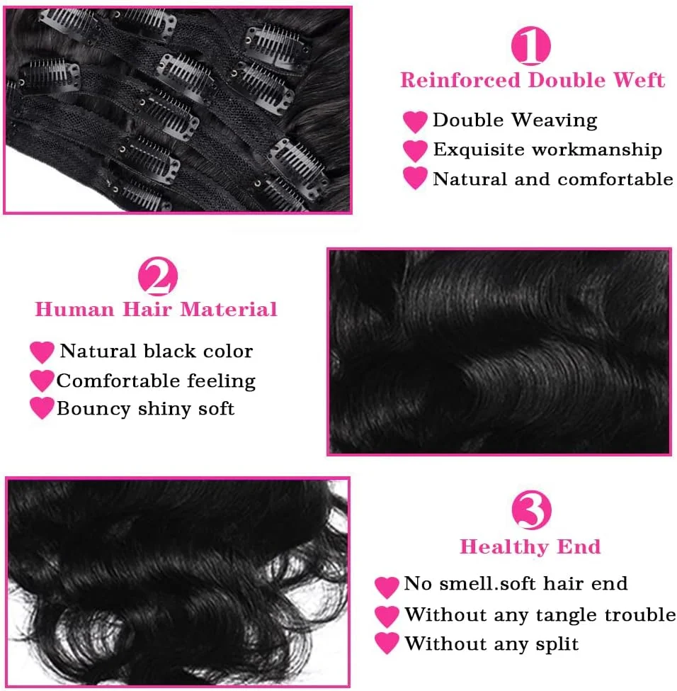 اکستنشن مو گیره ای برزیلی موج دار 8 تکه موی انسان ریمی با 18 گیره 120 گرم (14 اینچ، مشکی طبیعی) برای خانم های سبزه