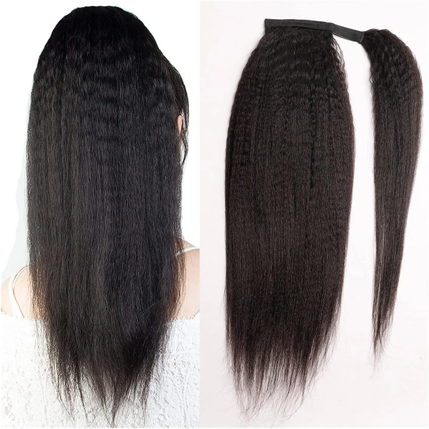 اکستنشن مو دم اسبی با قد 30 تا 66 سانتی متر، بافت یاکی صاف، مناسب برای خانم ها، اکستنشن مو دم اسبی دورپیچ، رنگ مشکی طبیعی