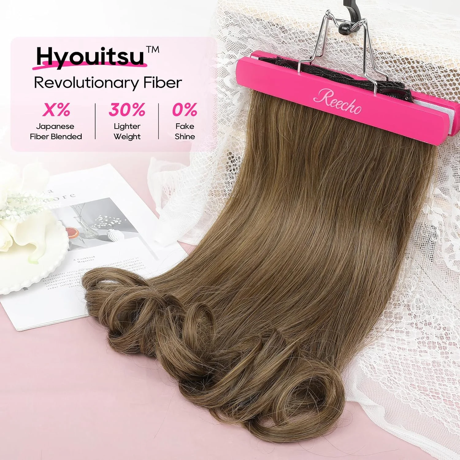 اکستنشن مو کلیپسی ریچو، 4 تکه، 40 سانتی متر، تکه مو برای خانم ها، مدل لایه ای، تکه موی طبیعی با بافت نرم و نامرئی، قهوه ای دودی