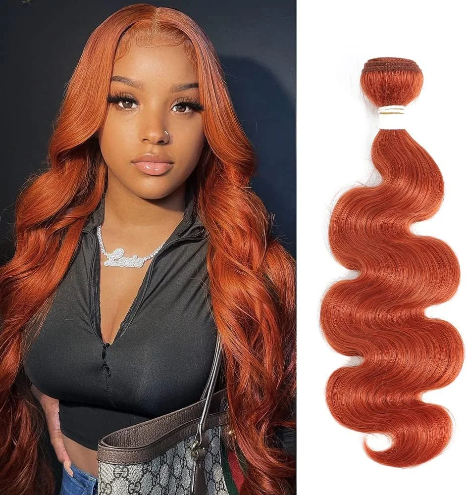بافت موی طبیعی بدن REMY HAIR FASHION، بسته 350 گرمی، 100% موی طبیعی برزیلی، بافت طبیعی، اکستنشن موی نارنجی، بسته موی زنجبیلی 14 اینچی