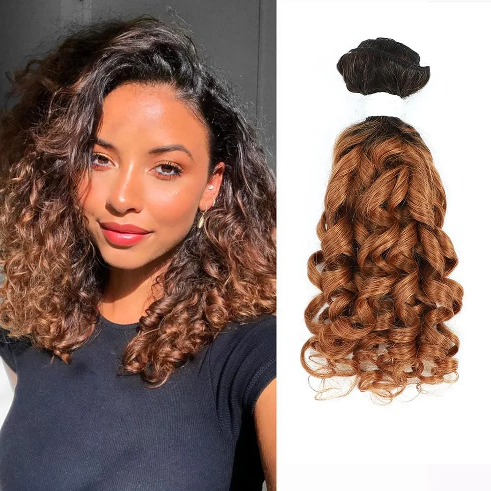 بافت موی فر فرانسوی Remy Hair برای زنان رنگین پوست، رنگ قهوه ای آمبره، 100% موی طبیعی برزیلی آفرو، بافت فر زیبا و شل (8 اینچ T1B/30)