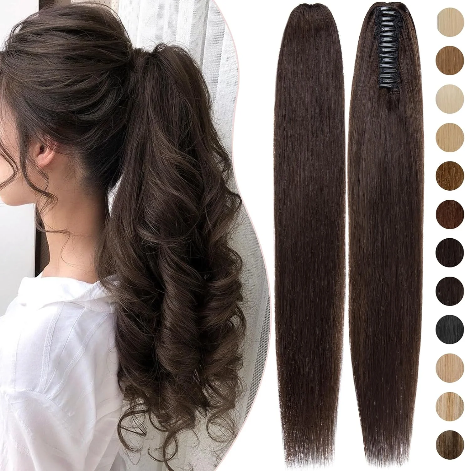 اکستنشن موی دم اسبی گیره ای با موی طبیعی، رنگ قهوه ای تیره بالیاژ، 40 سانتیمتر، 105 گرم، یک تکه، اکستنشن موی دم اسبی بلند و صاف برای زنان، شماره 2