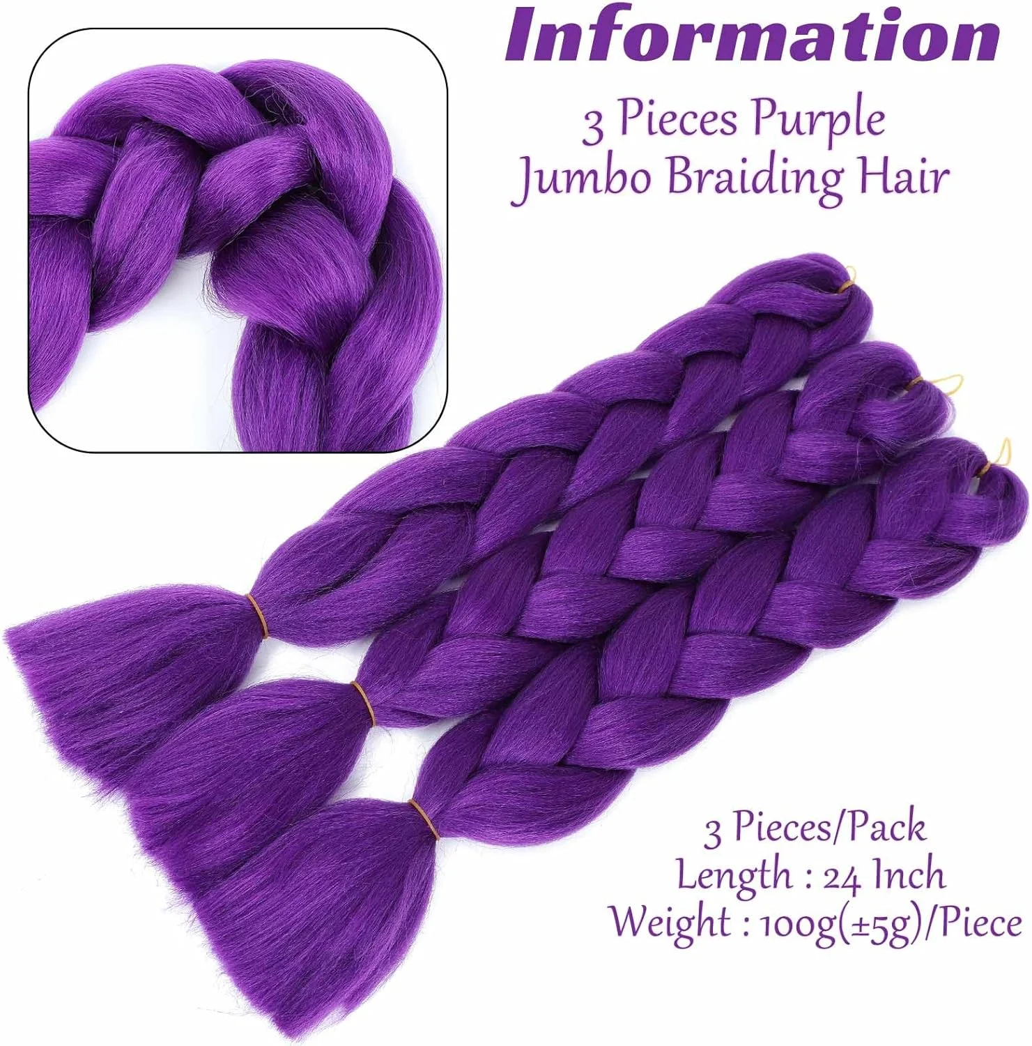 رویاتا موی بافتنی بنفش، بسته 3 عددی، 60 سانتی متر، الیاف مصنوعی با دمای بالا، مناسب برای بافت موی زنانه، بافت جعبه ای، موی کروشه (3 بسته 60 سانتی متر، بنفش)