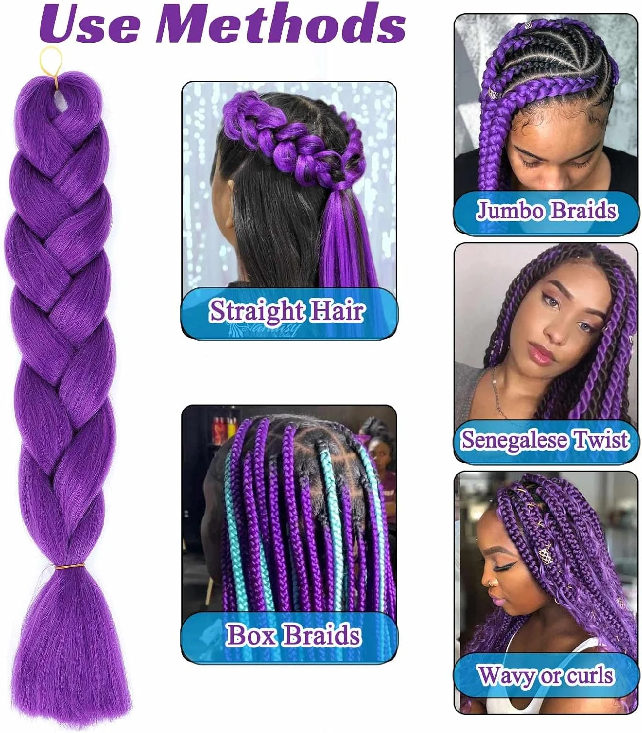 رویاتا موی بافتنی بنفش، بسته 3 عددی، 60 سانتی متر، الیاف مصنوعی با دمای بالا، مناسب برای بافت موی زنانه، بافت جعبه ای، موی کروشه (3 بسته 60 سانتی متر، بنفش)