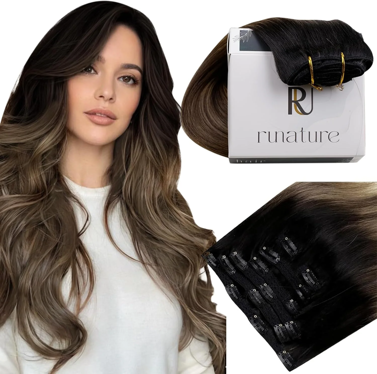 اکستنشن مو کلیپسی رانچر، 22 اینچ، موی طبیعی بالیاژ قهوه ای، اکستنشن موی واقعی کلیپسی برای زنان، مشکی طبیعی محو شونده به شاه بلوطی قهوه ای ترکیب بلوند کاراملی، 120 گرم، 7 تکه