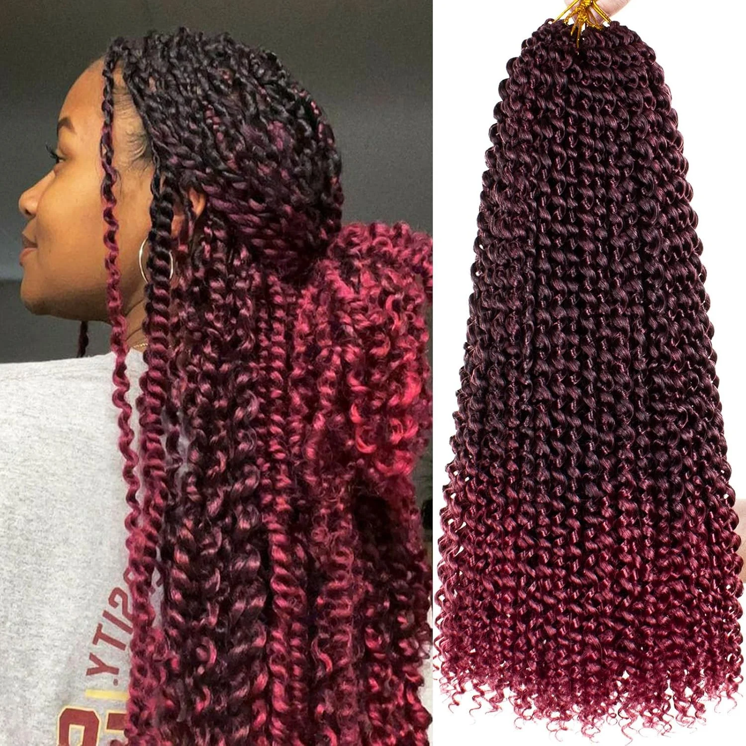 موهای بافت پیچشی مدل Passion Twist، سایز ۱۸ اینچ، بافت کروشه ای مدل Water Wave، بسته ۷ عددی، رنگ بورگاندی آمبره، بافت موی فر بوهمی از قبل حلقه شده برای مدل Faux Locs و Butterfly Locs، اکستنشن موی بافت کروشه ای (#TBUG)