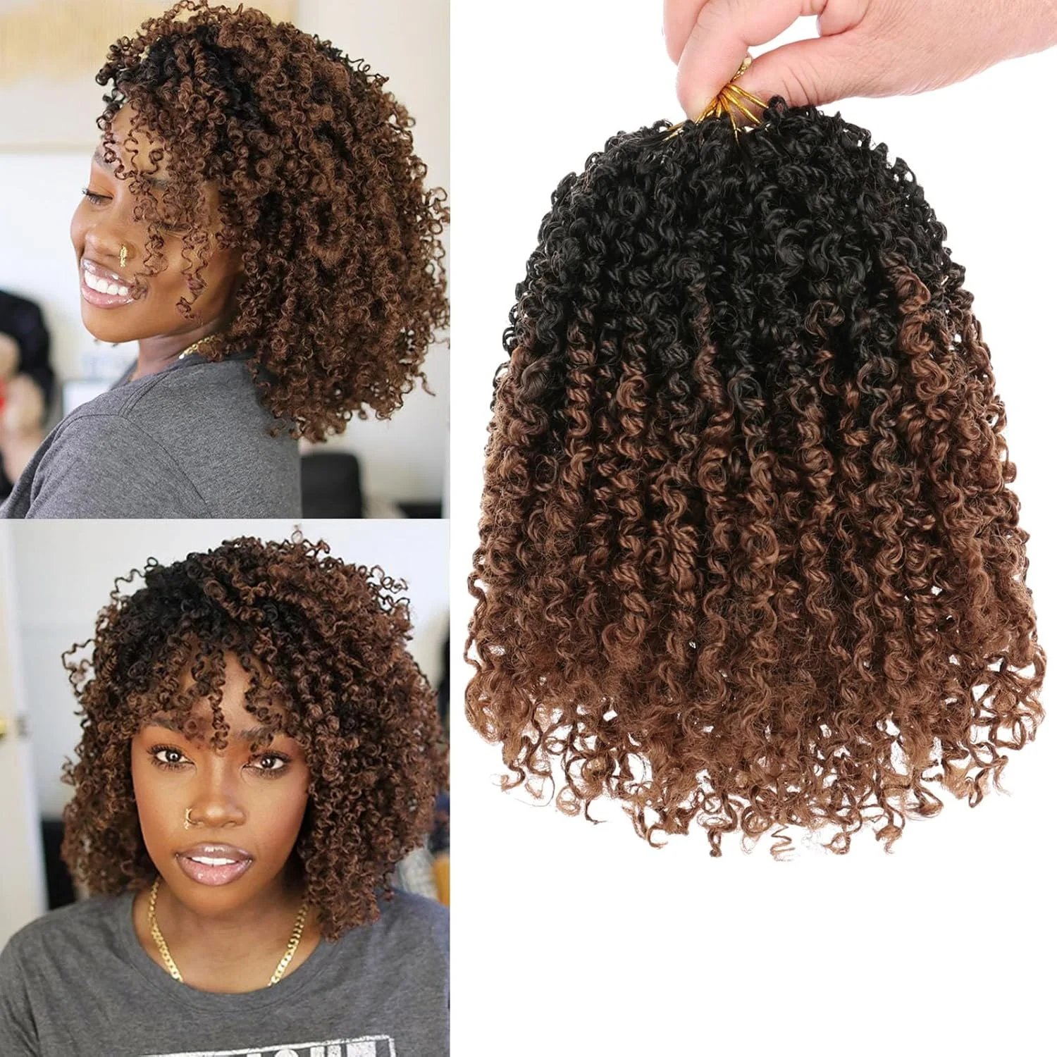 ۸ بسته موی بافته شده از قبل حلقه شده Yanky Twists، موی بافتنی Passion Twist قهوه ای Ombre، موی فنری 8 اینچی، موی کوتاه از قبل پیچ خورده Mini Curly Twist Crochet Braid Extension (1B/30)
