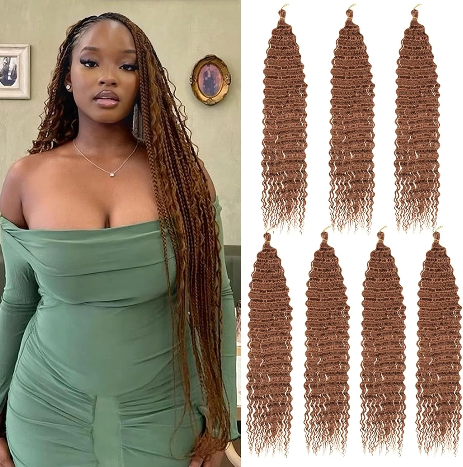 اکستنشن مو بافت کروشه ای مدل Ocean Wave Twist، 7 بسته، قهوه ای، موج دار عمیق، فر، مناسب برای بافت موی Goddess Boho Box، موی بافت Ocean Twist، موی مصنوعی برای زنان با پوست تیره (#30)