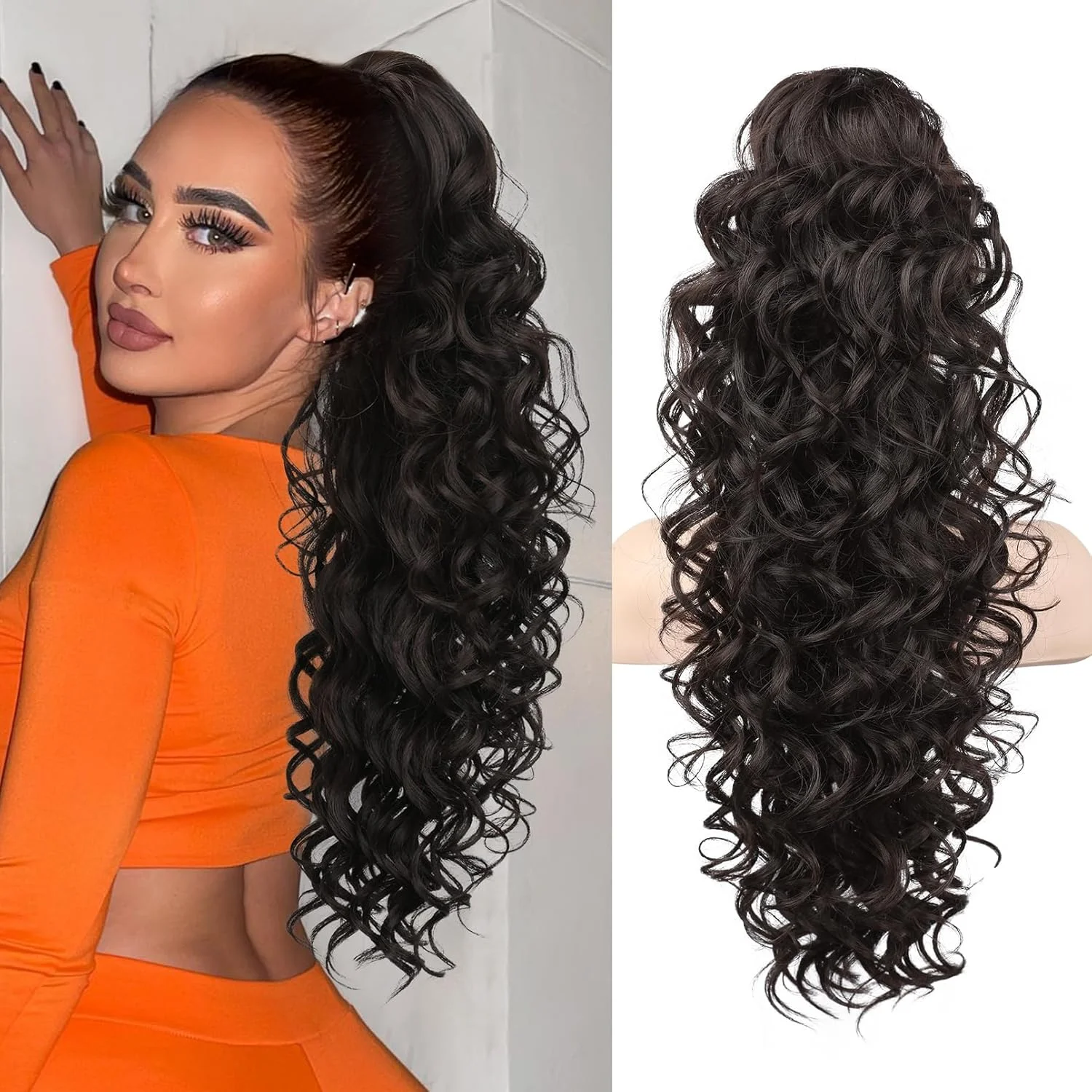 اکستنشن مو دم اسبی SEIKEA، 60 سانتی متر، پرپشت، بلند، موج دار، فر، گیره ای، چند لایه، موی مصنوعی نرم و طبیعی، مشکی قهوه ای