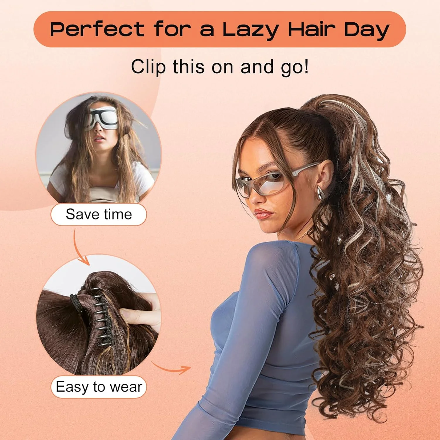 اکستنشن مو دم اسبی SEIKEA، 60 سانتی متر، پرپشت، بلند، موج دار، فر، گیره ای، چند لایه، موی مصنوعی نرم و طبیعی، مشکی قهوه ای