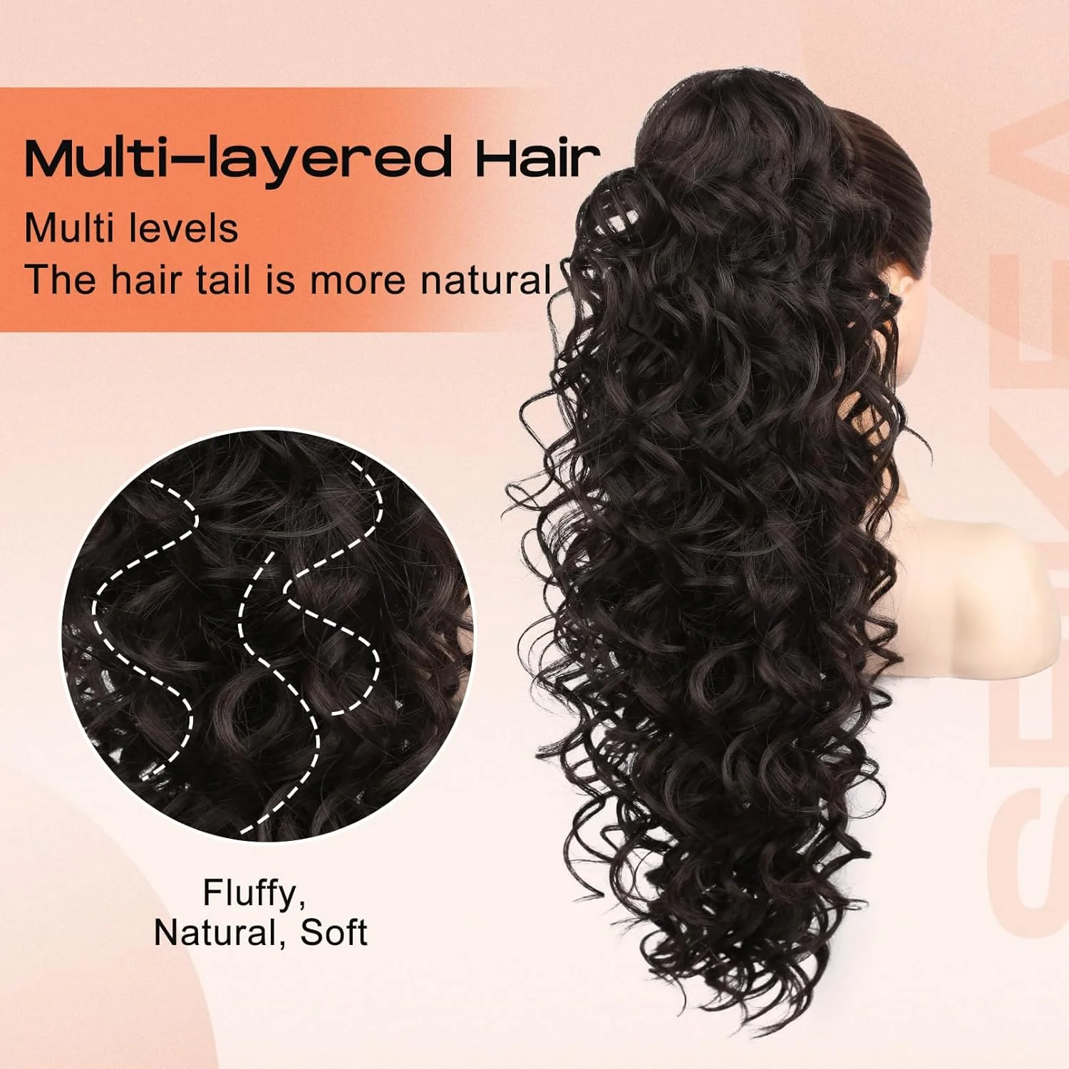 اکستنشن مو دم اسبی SEIKEA، 60 سانتی متر، پرپشت، بلند، موج دار، فر، گیره ای، چند لایه، موی مصنوعی نرم و طبیعی، مشکی قهوه ای