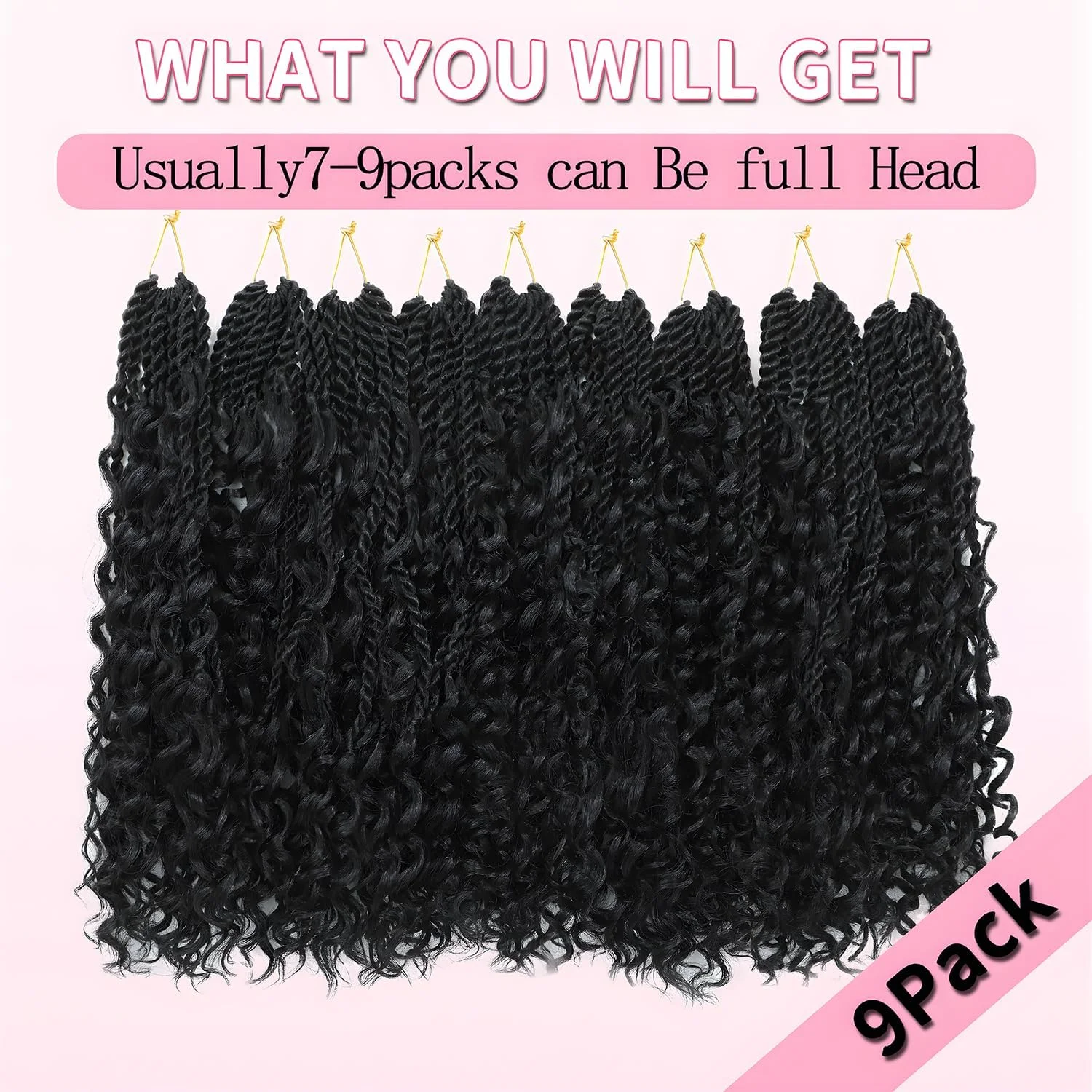 موهای بافت سنگالی کروشه 35 سانتی‌متری از قبل حلقه شده، بافت جزیره‌ای بوهو با فر، 9 بسته اکستنشن موی کروشه مصنوعی برای زنان (مشکی طبیعی، 9 بسته 35 سانتی‌متری)