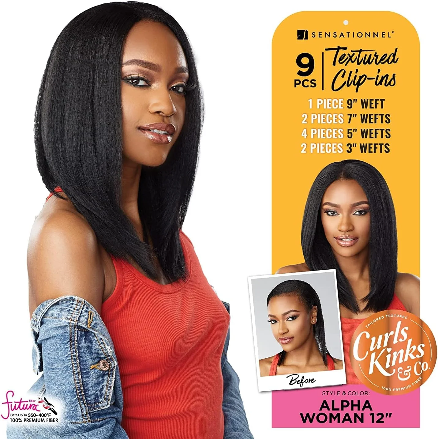 اکستنشن مو کلیپسی بافت دار Sensationnel Curls Kinks & CO مدل ALPHA WOMAN، ترکیب موی طبیعی و الیاف، 9 تکه - 12 اینچ (مشکی پرکلاغی 1B)