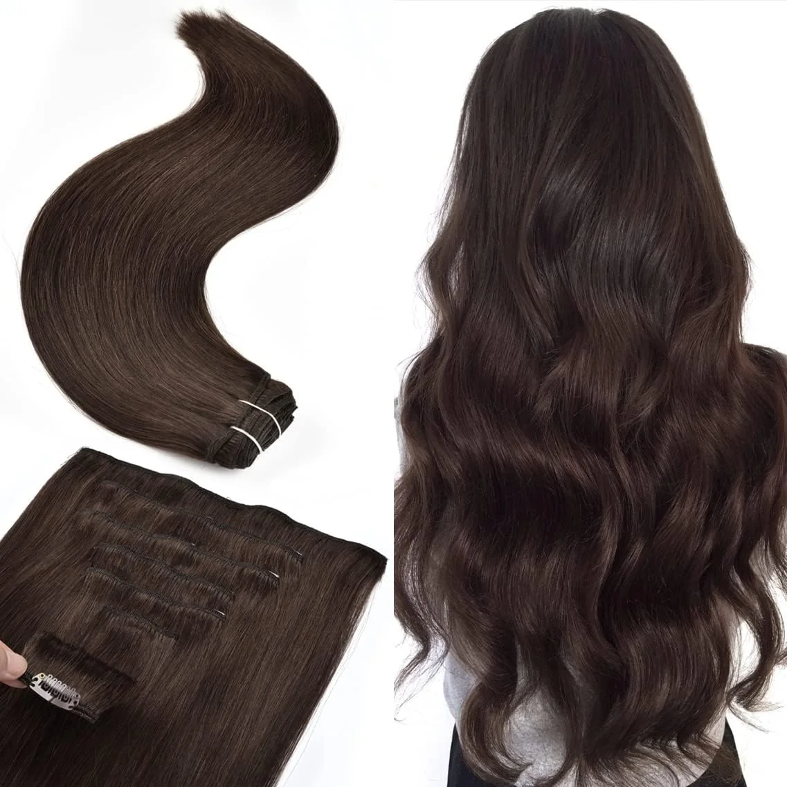 اکستنشن مو گیره ای طبیعی Senmy، 120 گرم، 7 تکه، قهوه ای تیره، اکستنشن مو گیره ای موی طبیعی 22 اینچ، گیره موی واقعی برای زنان (22 اینچ، #2 قهوه ای تیره)