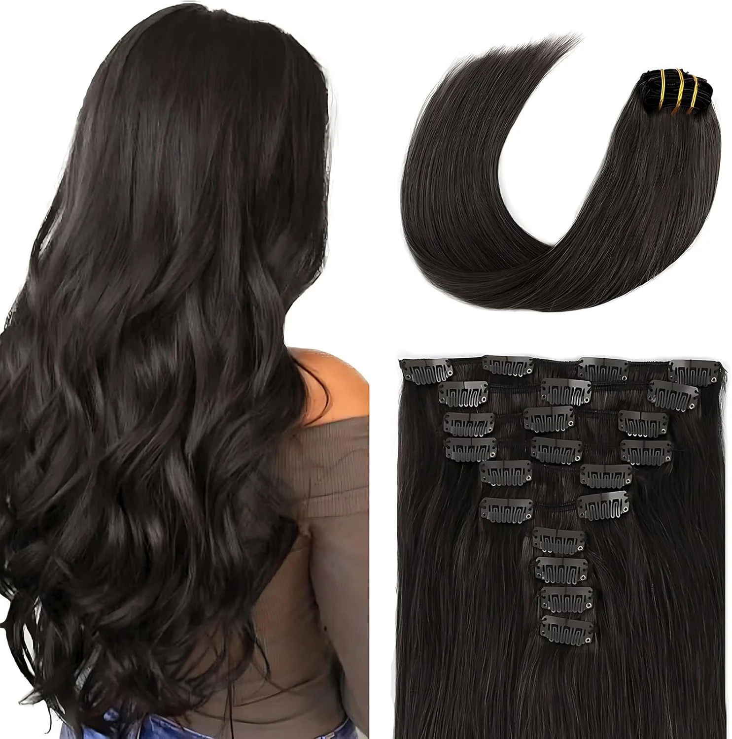 اکستنشن مو کلیپسی SixStarHair، ۱۸۰ گرم، ۵۰ سانتی متر، مشکی طبیعی، اکستنشن موی کلیپسی زنانه، ۱۰ تکه برای کل سر [رنگ 1B مشکی طبیعی، ۵۰ سانتی متر]