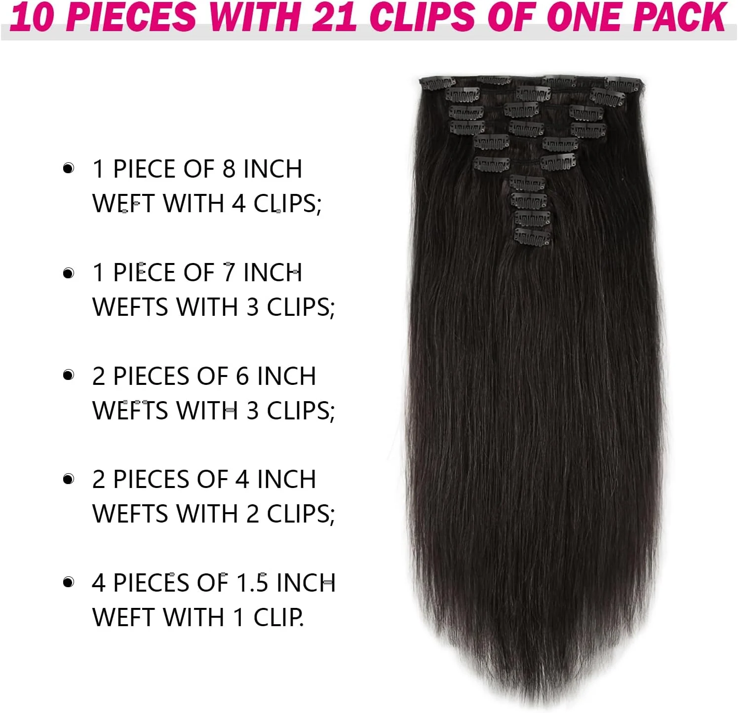 اکستنشن مو کلیپسی SixStarHair، ۱۸۰ گرم، ۵۰ سانتی متر، مشکی طبیعی، اکستنشن موی کلیپسی زنانه، ۱۰ تکه برای کل سر [رنگ 1B مشکی طبیعی، ۵۰ سانتی متر]