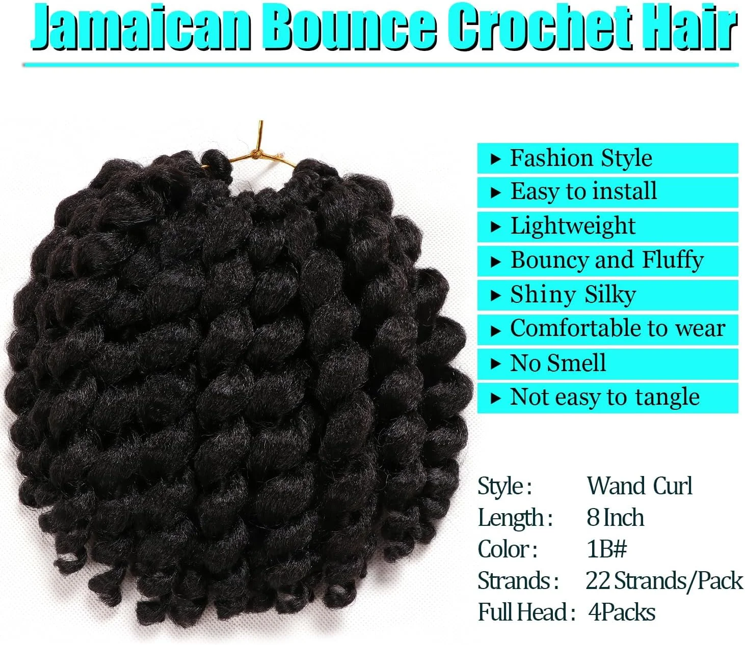 موهای بافت کروشه فر فری Jumpy Wand، 20 سانتی متر، 4 بسته، 22 رشته در هر بسته، موهای بافت کروشه Jamaican Bounce، موهای بافت کروشه فر فری (20 سانتی متر، 4 بسته، #1B)