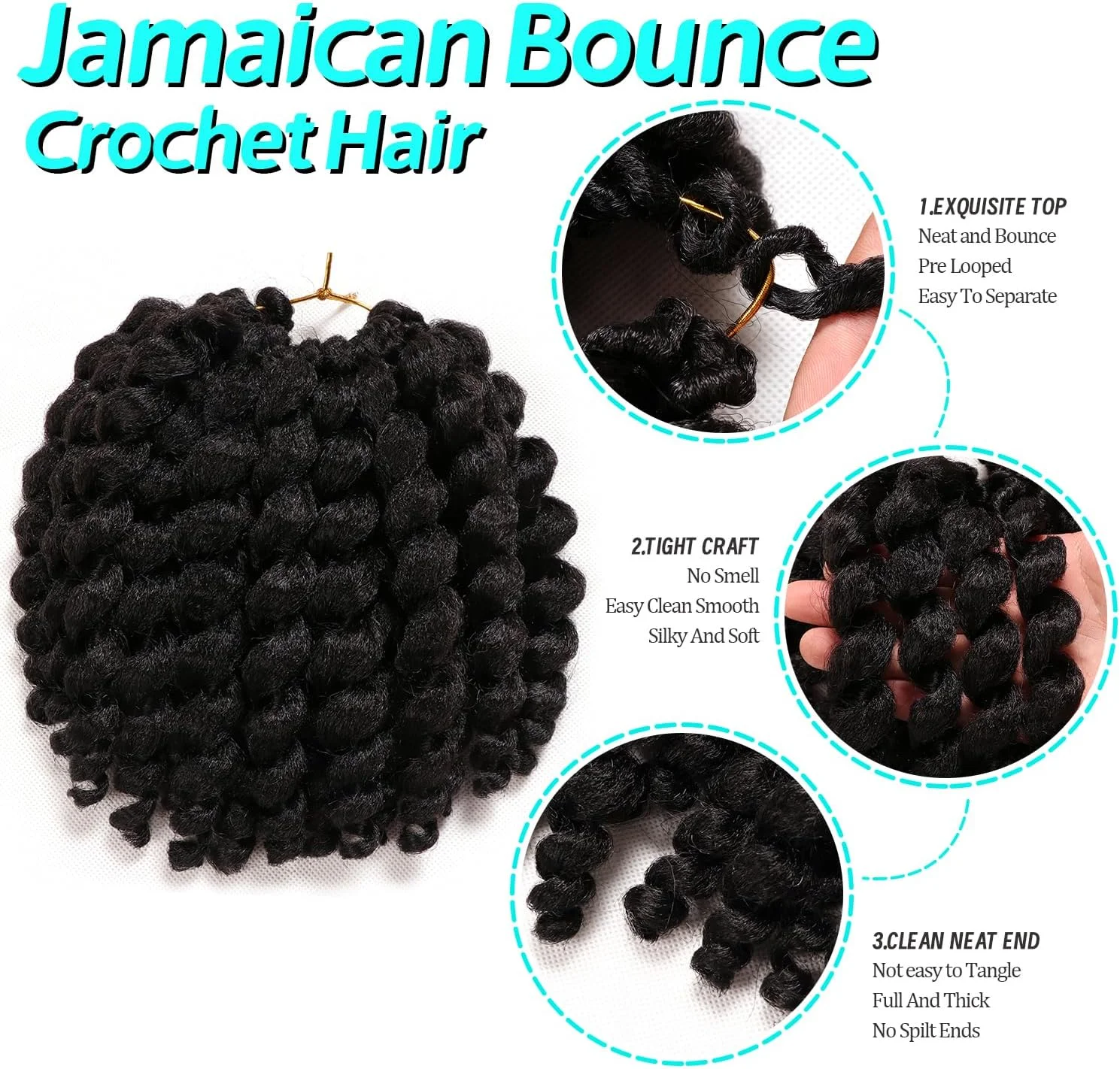 موهای بافت کروشه فر فری Jumpy Wand، 20 سانتی متر، 4 بسته، 22 رشته در هر بسته، موهای بافت کروشه Jamaican Bounce، موهای بافت کروشه فر فری (20 سانتی متر، 4 بسته، #1B)