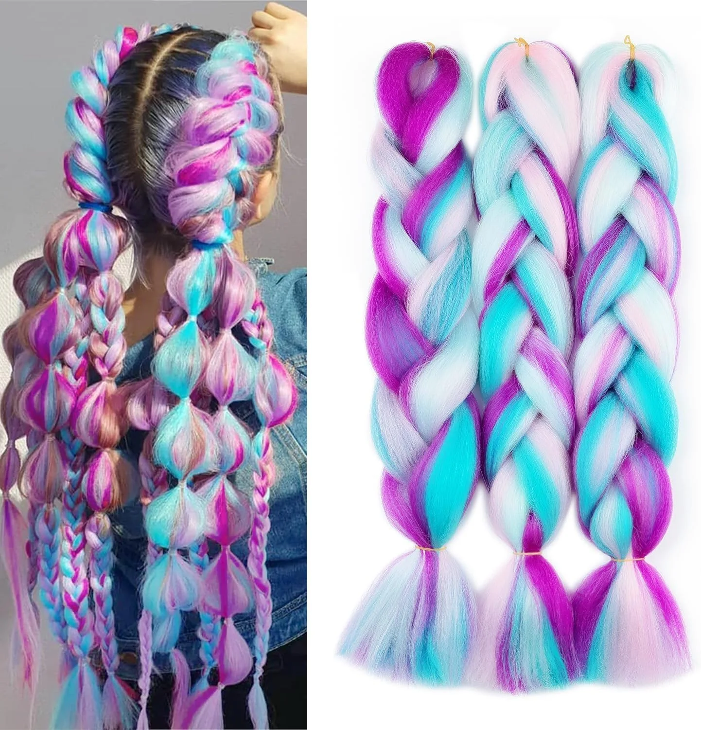 اکستنشن مو بافت رنگین کمانی از پیش کشیده شده، موی بافت چند رنگ 24 اینچ 3 عدد اکستنشن موی رنگی مصنوعی #صورتی-بنفش تیره-آبی-سبز