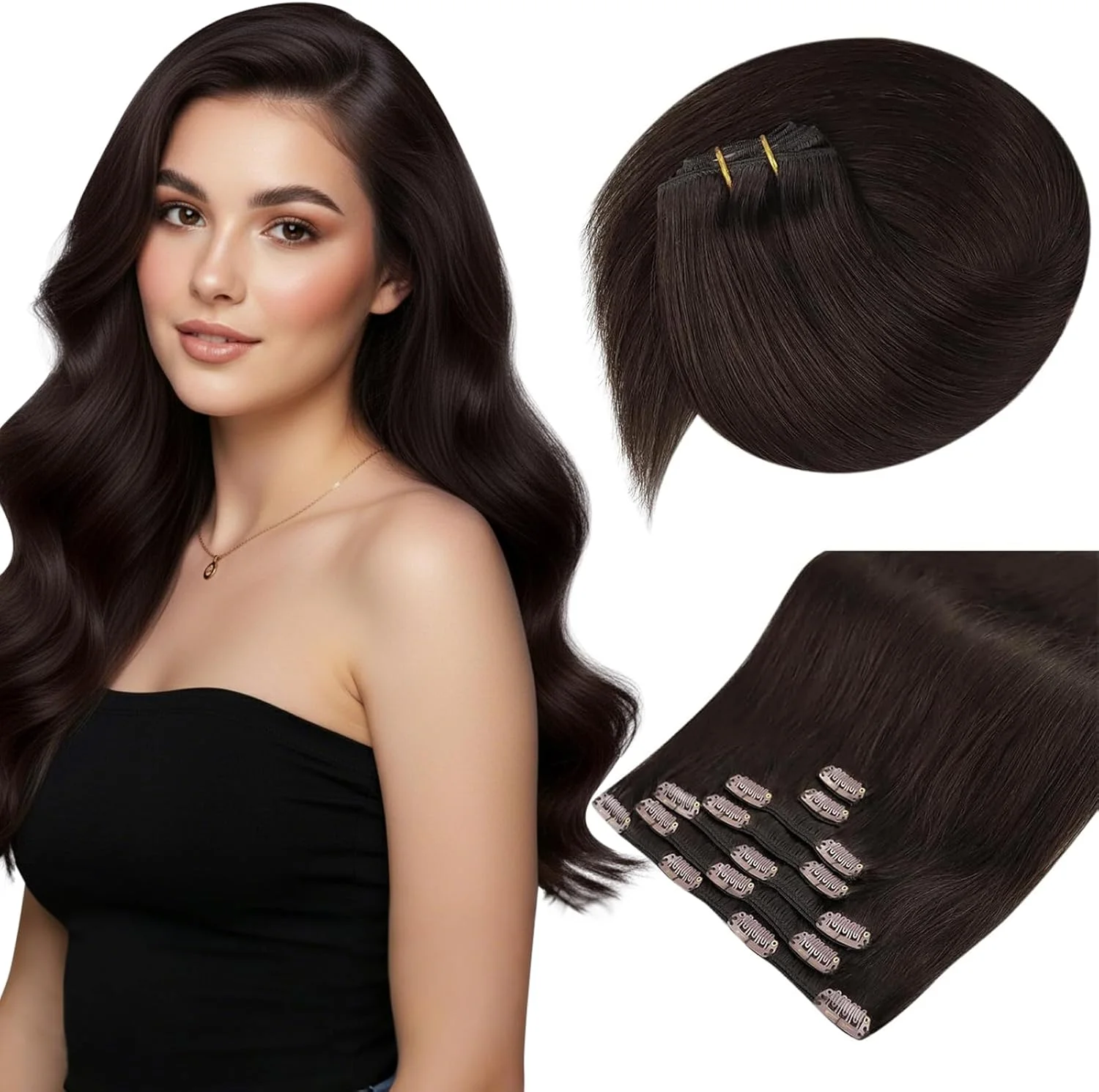 اکستنشن مو کلیپسی قهوه ای تیره Sunny Hair، اکستنشن موی طبیعی 45 سانتی متری، اکستنشن موی طبیعی قهوه ای شماره 4، بافت دولایه 7 تکه 120 گرمی