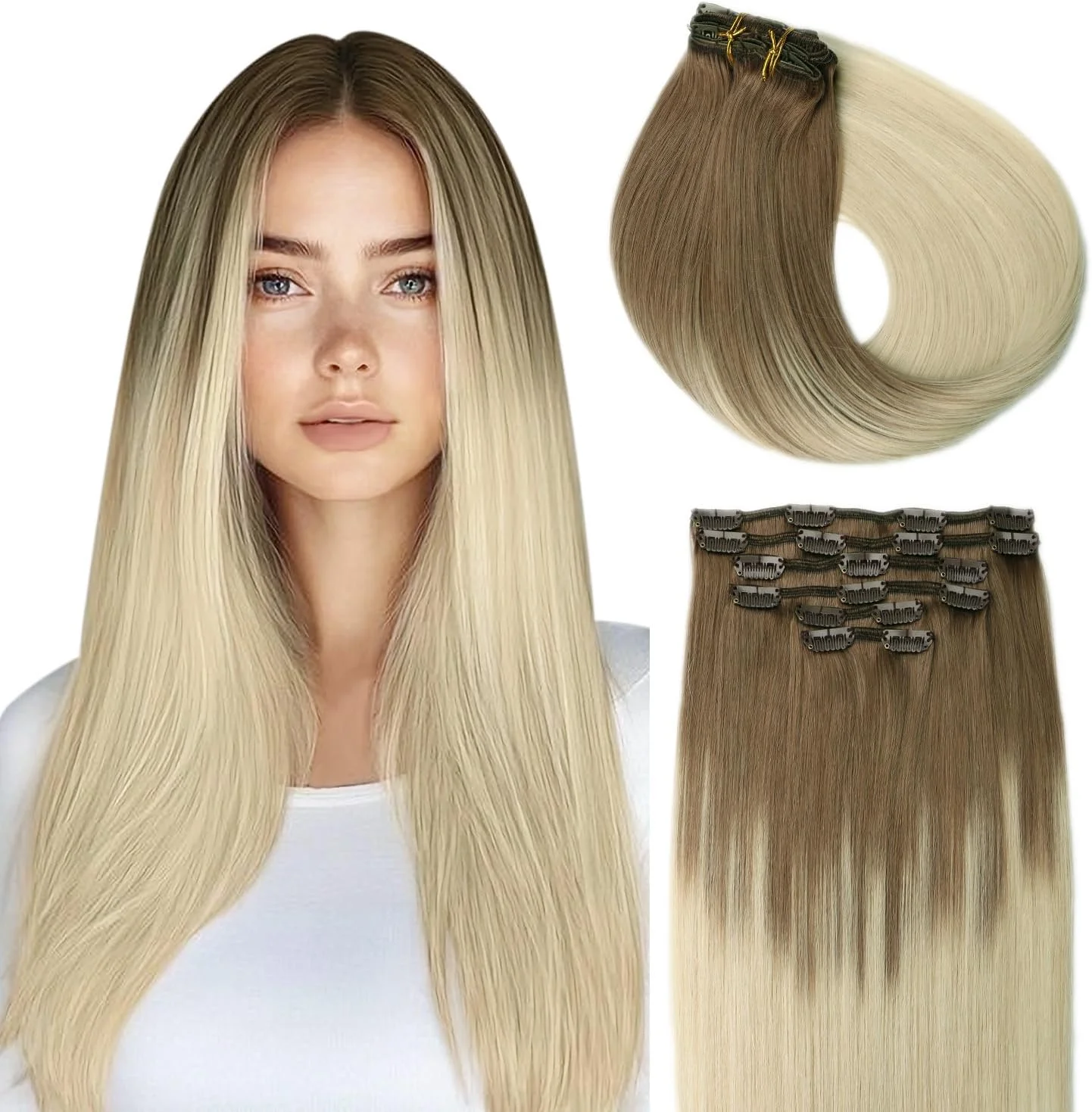 اکستنشن مو گیره ای آمبره بلوند، اکستنشن موی طبیعی گیره ای، قهوه ای روشن محو شونده به بلوند پلاتینی بالیاژ، بافت دولایه 18 اینچ 120 گرم 6 تکه (#8/60, 18 اینچ)