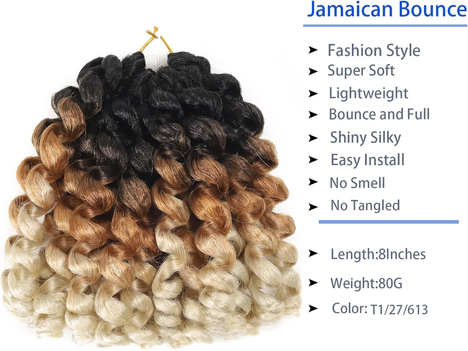 اکستنشن موی بافت کروشه Svolna مدل Jamaican Bounce، فر حلقه ای 8 اینچ، موی بافت کروشه آمبره بلوند سه رنگ، موی بافت خاکستری، 60 ریشه