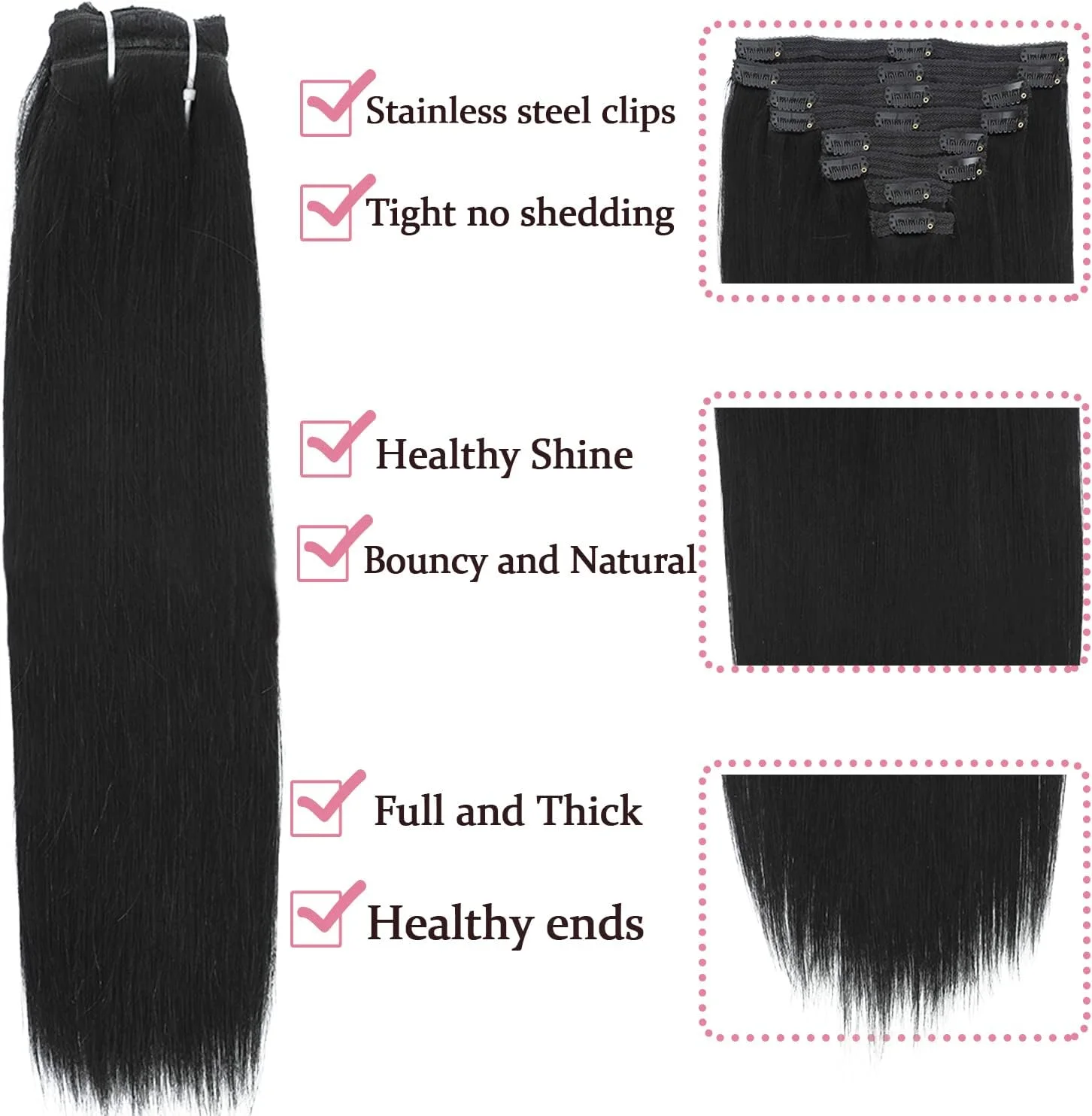 اکستنشن مو کلیپسی تاهیکی موی طبیعی مشکی پرکلاغی، اکستنشن موی طبیعی کلیپسی، اکستنشن موی طبیعی واقعی، ابریشمی صاف 120 گرم 8 تکه 60 سانتی متر