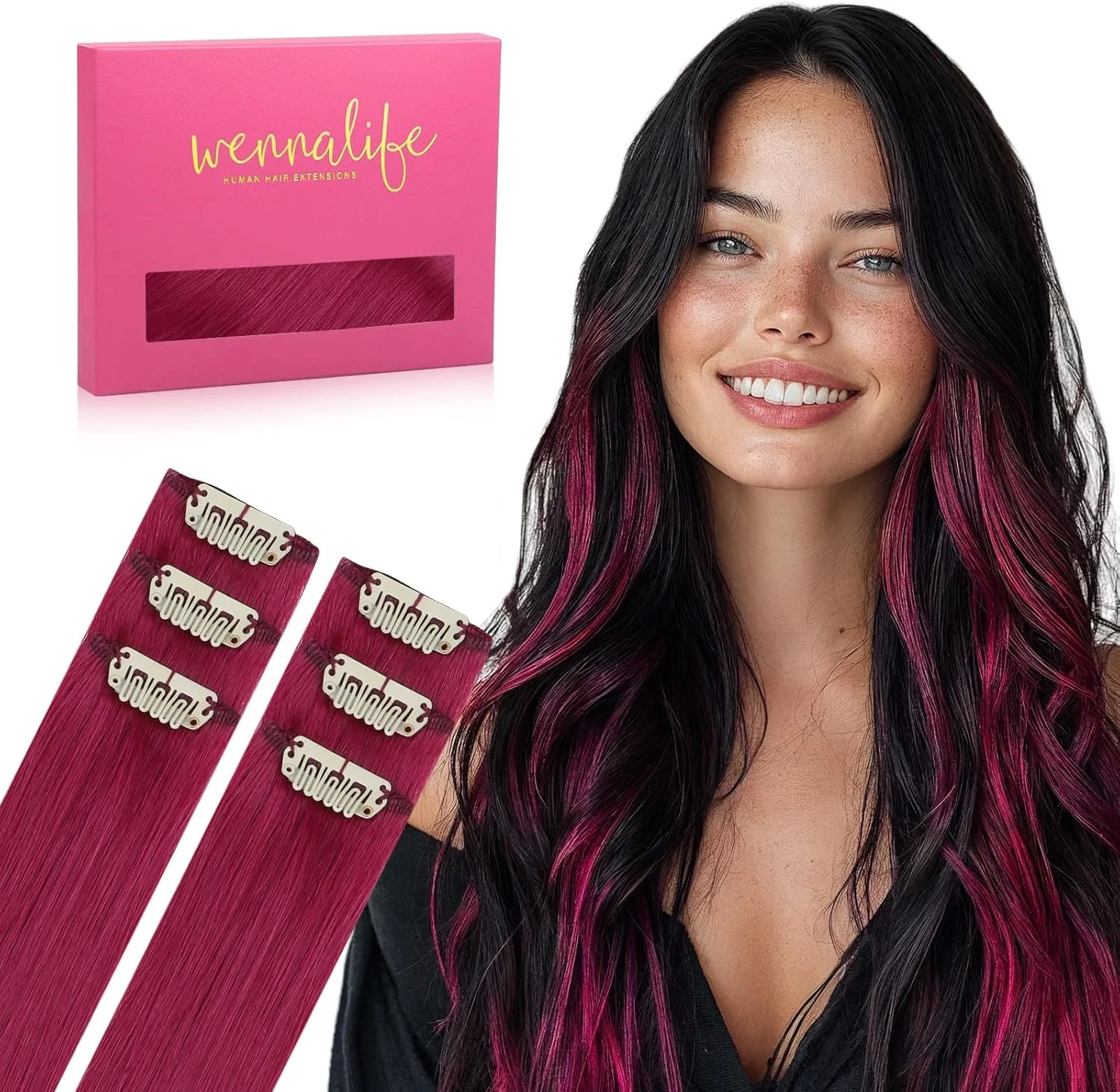 اکستنشن مو گیره ای WENNALIFE، رنگ قرمز بورگاندی، 55 سانتی متر، 6 تکه، 30 گرم، موی طبیعی