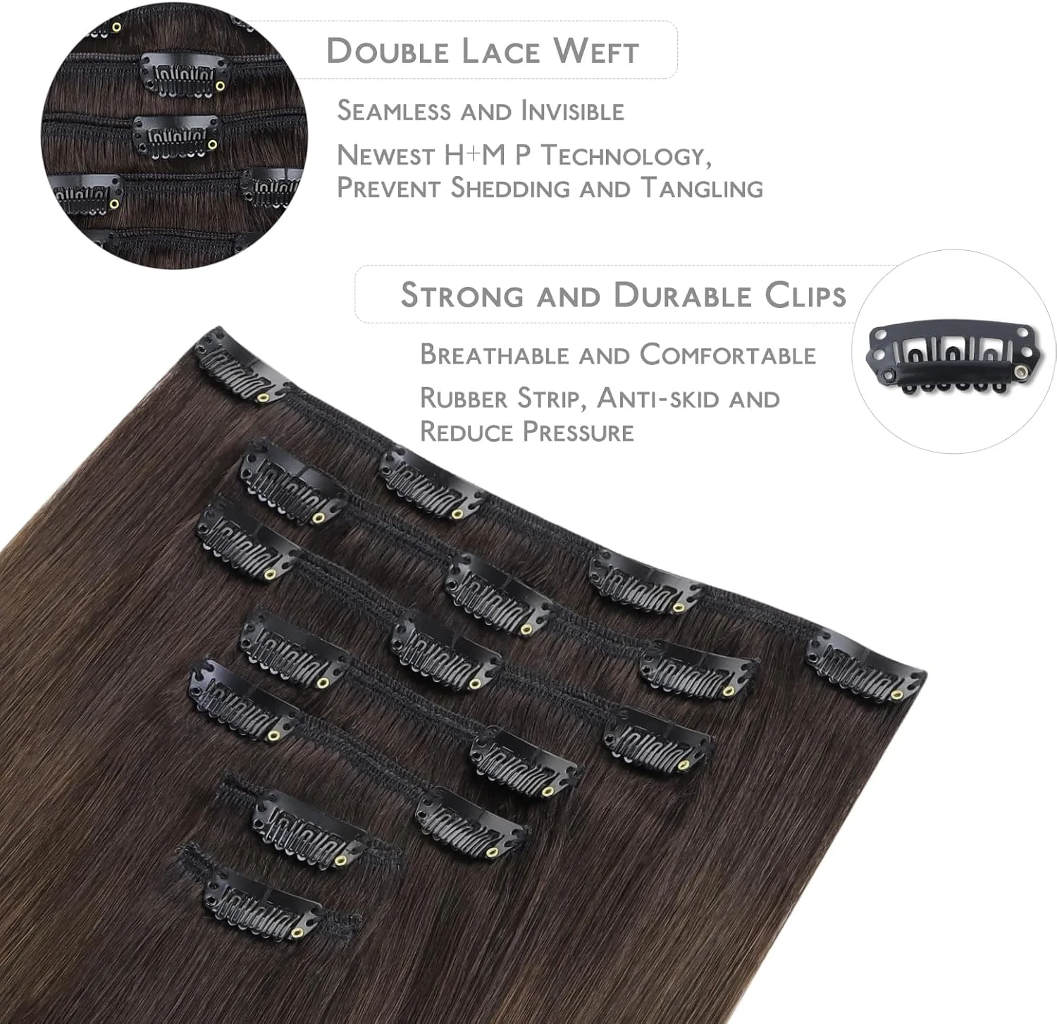 اکستنشن مو کلیپسی WENNALIFE موی طبیعی انسان، 18 اینچ 120 گرم 7 تکه، اکستنشن مو کلیپسی موی طبیعی انسان، آمبره قهوه ای تیره به قهوه ای شاه بلوطی روشن