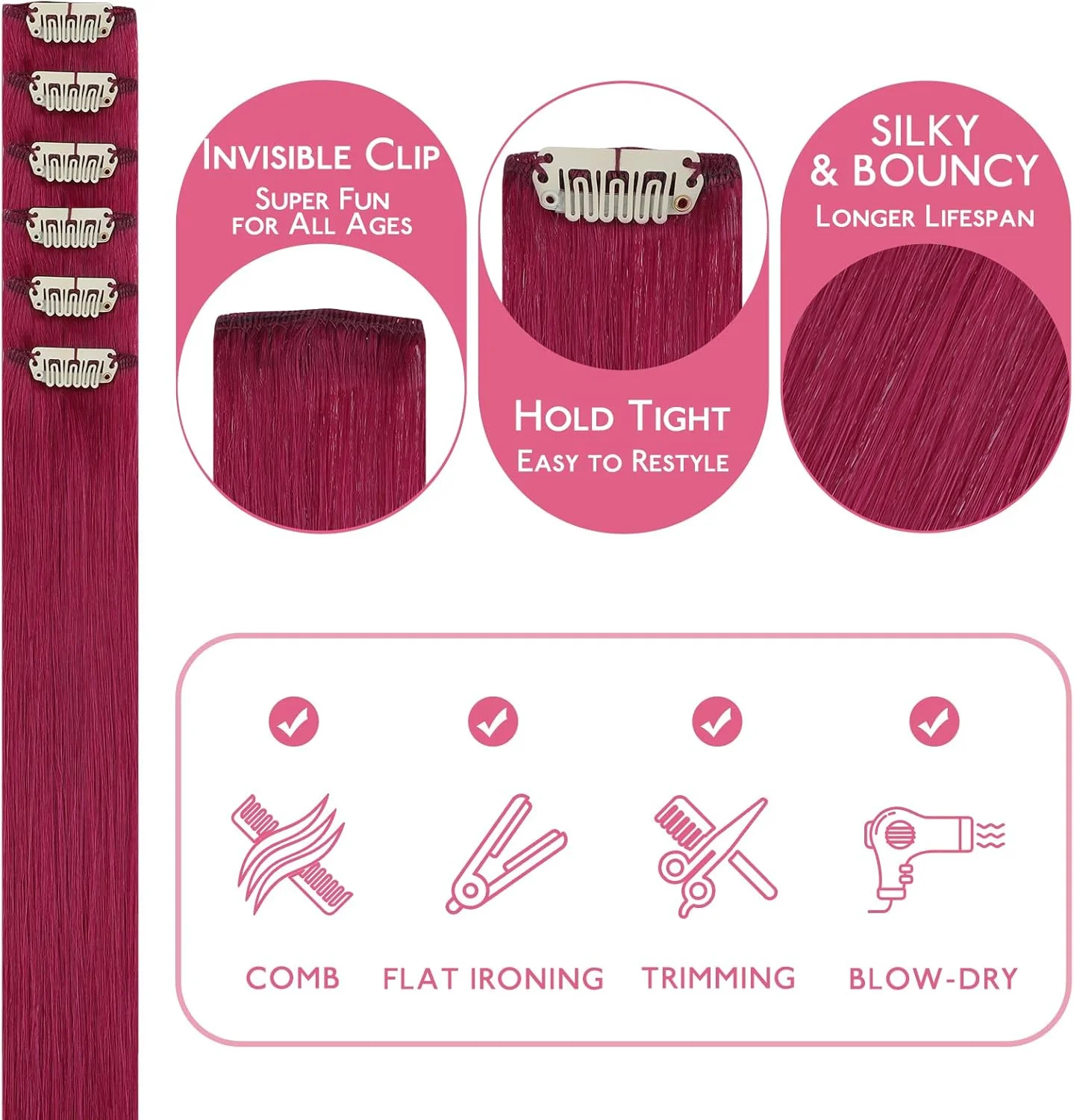 اکستنشن مو گیره ای WENNALIFE، رنگ قرمز بورگاندی، 55 سانتی متر، 6 تکه، 30 گرم، موی طبیعی