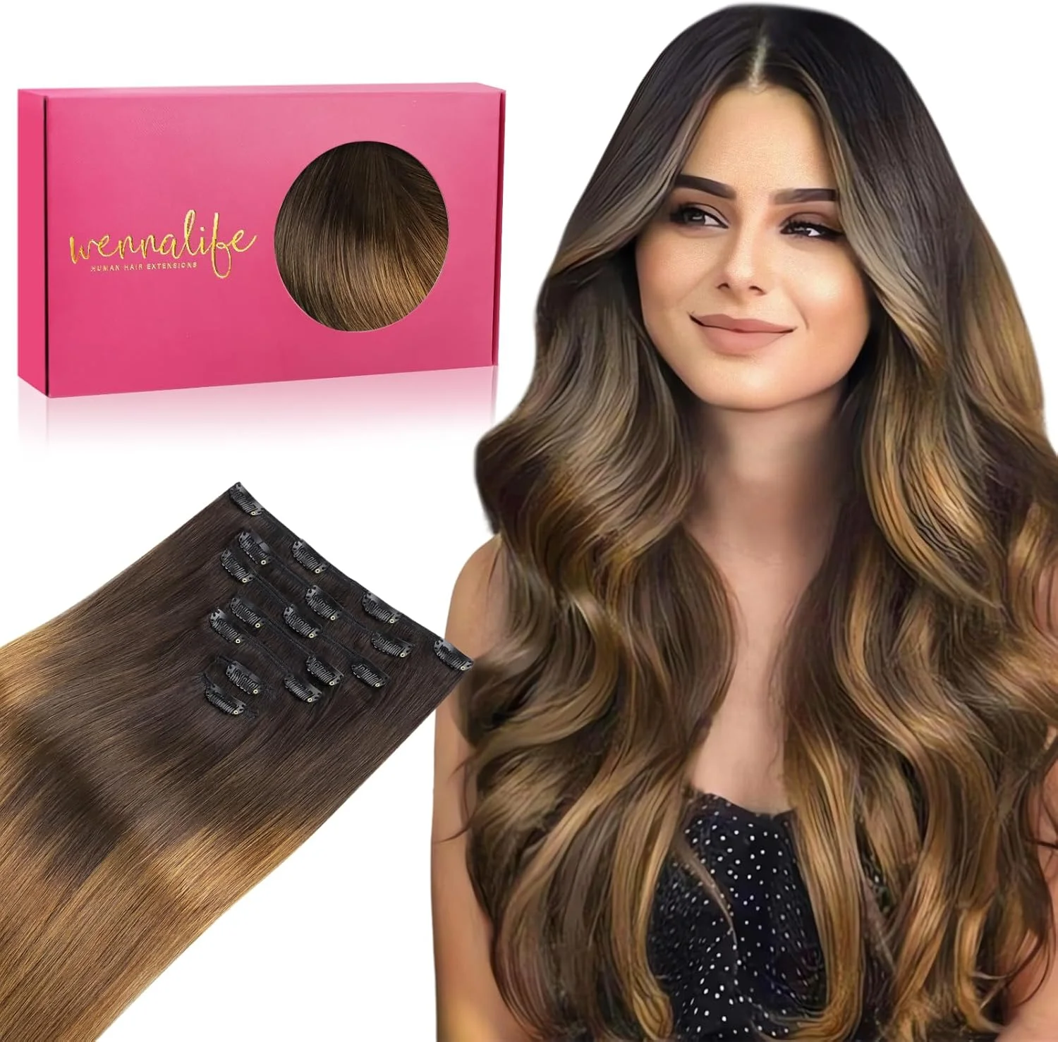 اکستنشن مو کلیپسی WENNALIFE موی طبیعی انسان، 22 اینچ 120 گرم 7 تکه، اکستنشن مو کلیپسی موی طبیعی انسان، آمبره قهوه ای تیره به شاه بلوطی روشن