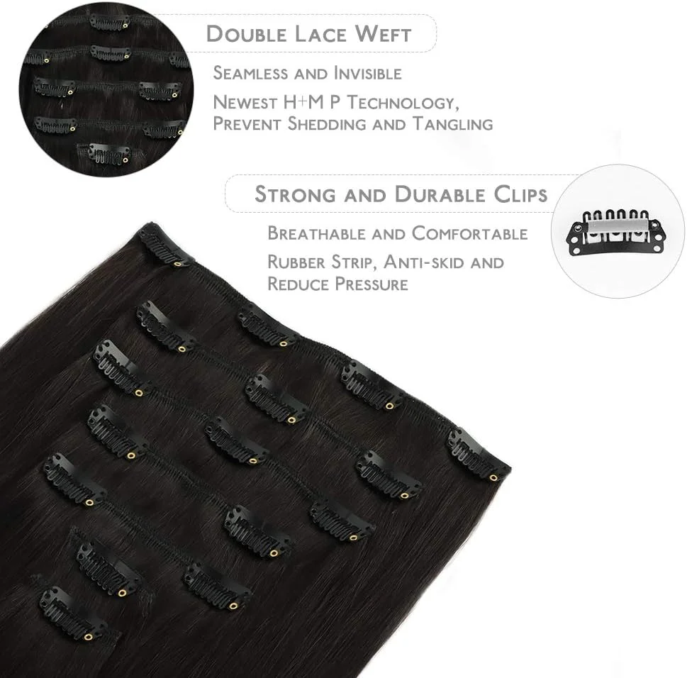 اکستنشن موی طبیعی گیره دار WENNALIFE، 35 سانتیمتر، 120 گرم، 7 تکه، مشکی طبیعی، صاف، رِمی، بافت دولایه