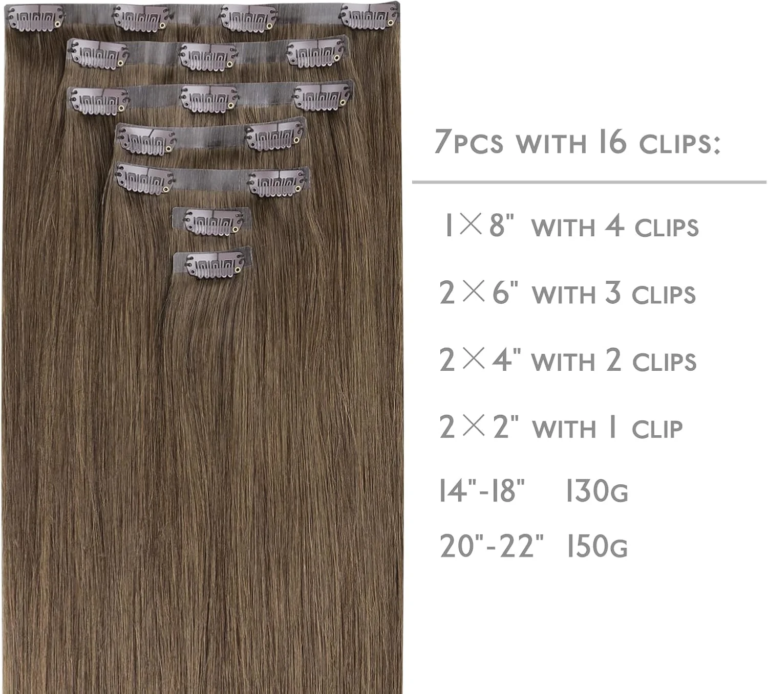 اکستنشن مو کلیپسی بدون درز WENNALIFE، موی طبیعی، 35 سانتی متر، 130 گرم، 7 تکه، قهوه ای روشن، اکستنشن موی طبیعی کلیپسی، بافت پوست PU نامرئی، اکستنشن موی طبیعی ریمی