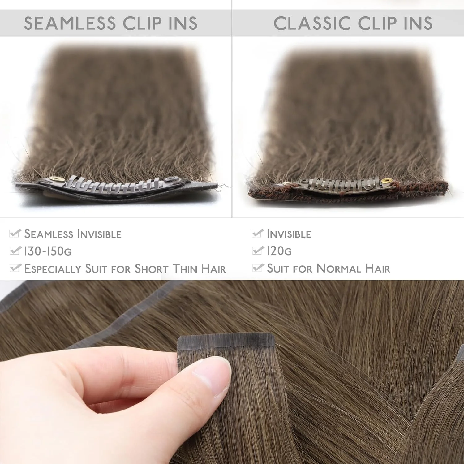 اکستنشن مو کلیپسی بدون درز WENNALIFE، موی طبیعی، 35 سانتی متر، 130 گرم، 7 تکه، قهوه ای روشن، اکستنشن موی طبیعی کلیپسی، بافت پوست PU نامرئی، اکستنشن موی طبیعی ریمی