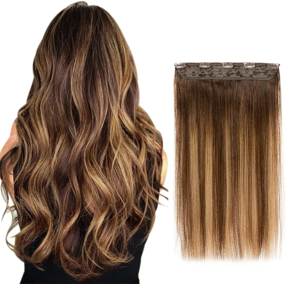 اکستنشن موی طبیعی وینسکی - یک تکه موی قهوه ای بالیاژ ریمی کلیپسی 70 گرمی برای خانم ها (14 اینچ، 4T27P4)