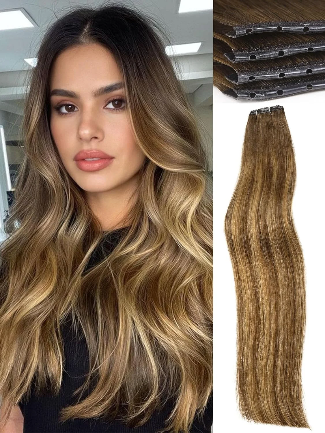 اکستنشن موی طبیعی انسان WIGNEE مدل Double Butterfly Weft Invisible OVO، سایز 18 اینچ، با مهره‌های میکرو، 100% موی طبیعی ریمی، هایلایت T4/27 بلوند عسلی، برای حجم دهی قوی