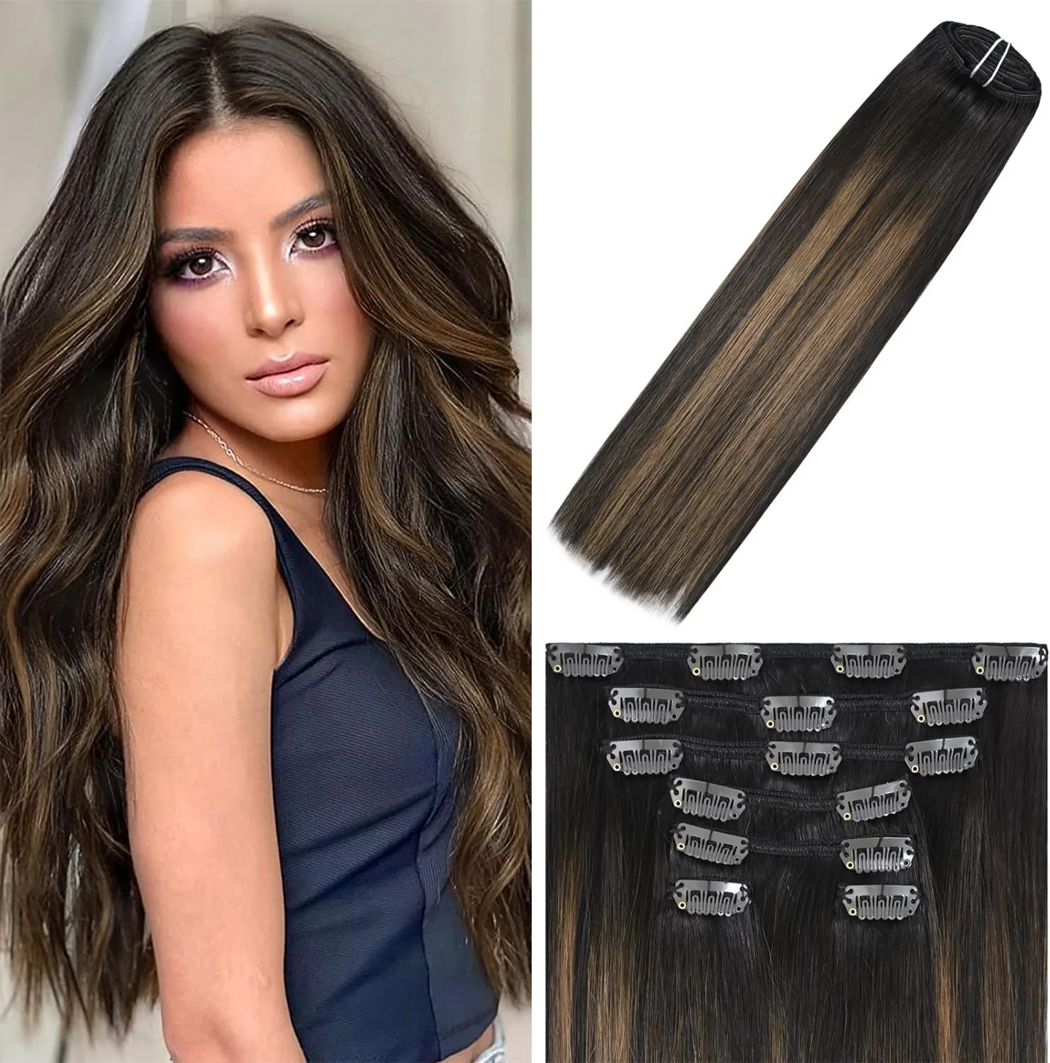اکستنشن مو گیره ای WindTouch موی طبیعی بالیاژ قهوه ای تیره به شاه بلوطی هایلایت برای موهای قهوه ای 15 اینچ 70 گرم #2T6P2 7 تکه