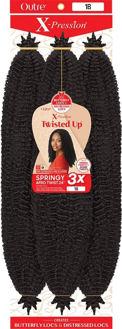 اکستنشن مو بافت آفرو فنری X-pression Outre Crochet Braids Twisted Up 3X، سایز 24 اینچ (تک بسته، رنگ 1B)