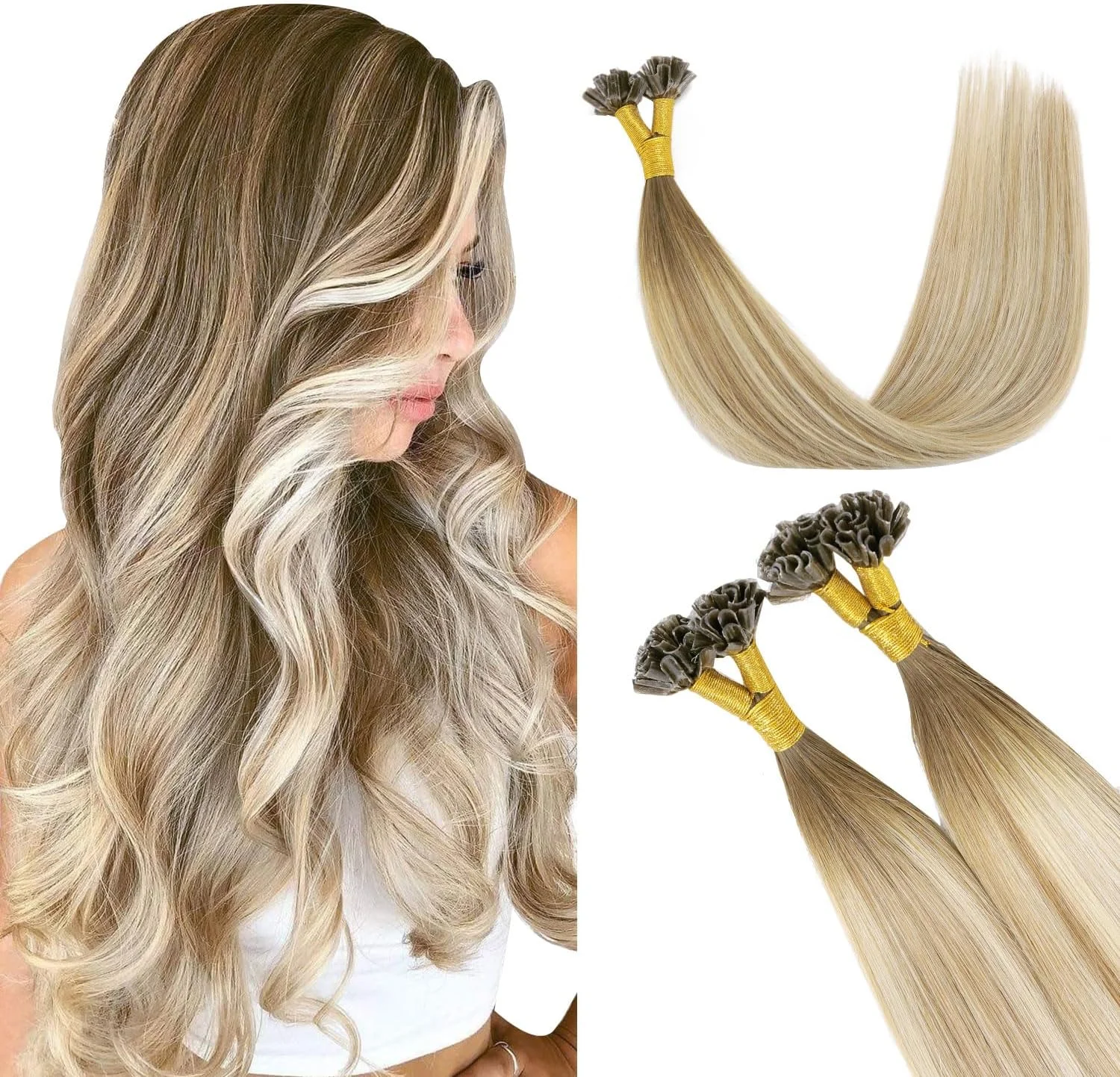 اکستنشن موی طبیعی U Tip XDhair، 40 گرم/50 عدد، 35 سانتیمتر، رنگ قهوه ای گردویی بالیاژ تا قهوه ای دودی و بلوند روشن شده، اکستنشن موی طبیعی از قبل چسبانده شده برای زنان، شماره 3/8/22، 35 سانتیمتر
