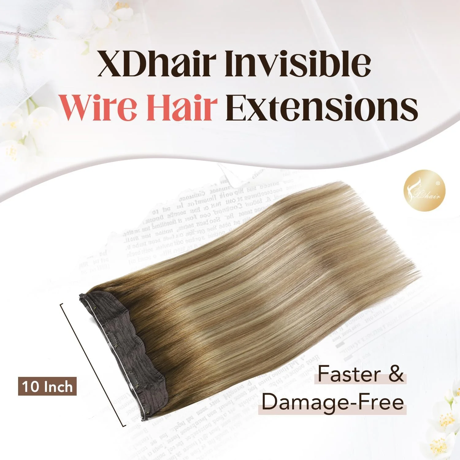 اکستنشن موی سیمی XDhair، ۷۰ گرم، ۴۰ سانتی متر، بلوند بالیاژ، اکستنشن موی طبیعی با سیم ماهیگیری نامرئی، قهوه ای گردویی به قهوه ای خاکستری و بلوند شماره 3/8/22، ۴۰ سانتی متر